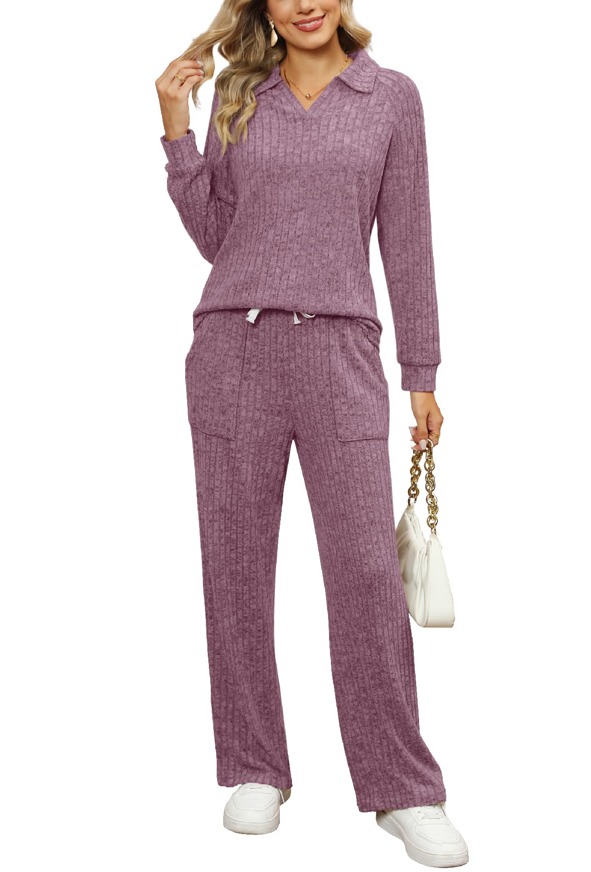 WIHOLL 2 Piece Sets for Women Loungewear Wide Leg Pants Sweatsuits Collar V Neck Pajama Matching Sets