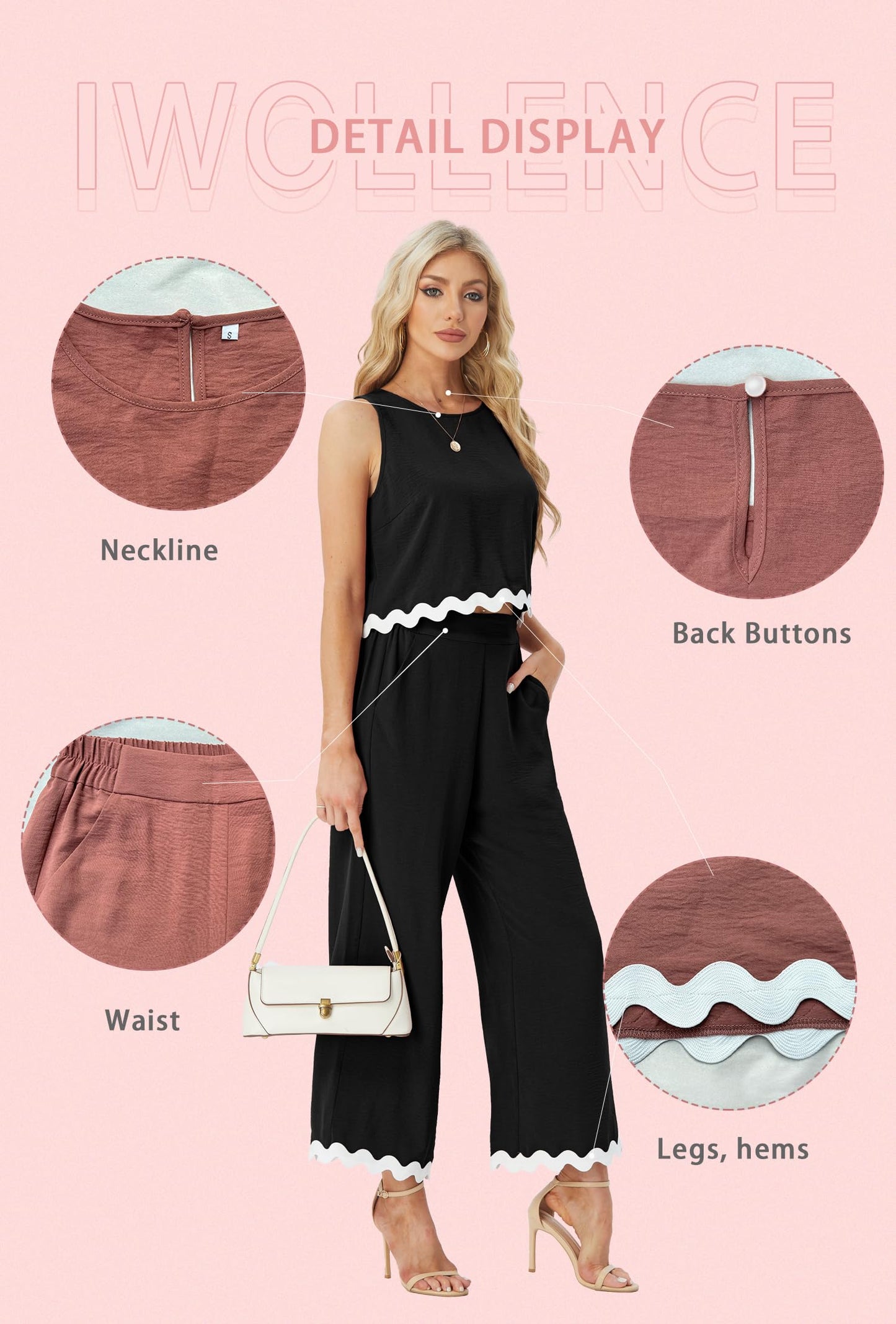 IWOLLENCE Women's Summer 2 Piece Outfits Set Round neck Sleeveless Tank Crop Top Wide Leg pants Set Pockets Jumpsuits