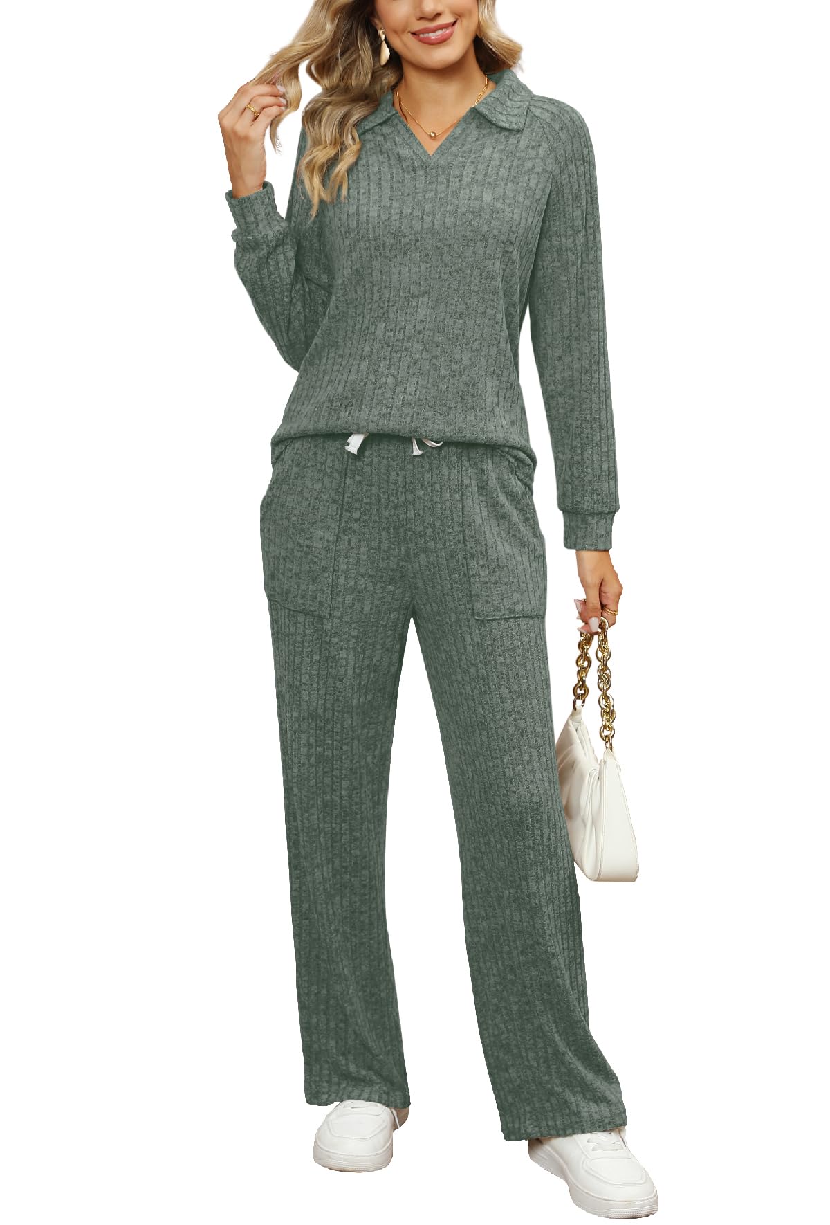 WIHOLL 2 Piece Sets for Women Loungewear Wide Leg Pants Sweatsuits Collar V Neck Pajama Matching Sets