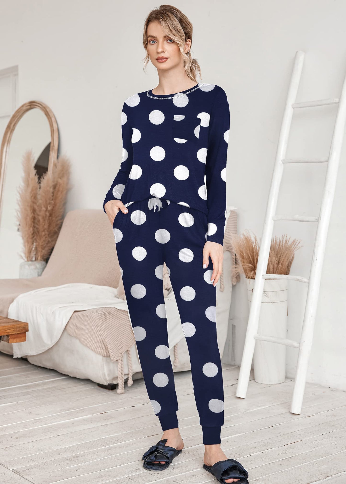 Ekouaer Pajamas Women's Long Sleeve Pj Set Soft 2 Piece Loungewear Sleepwear with Jogger Pants XS-3XL