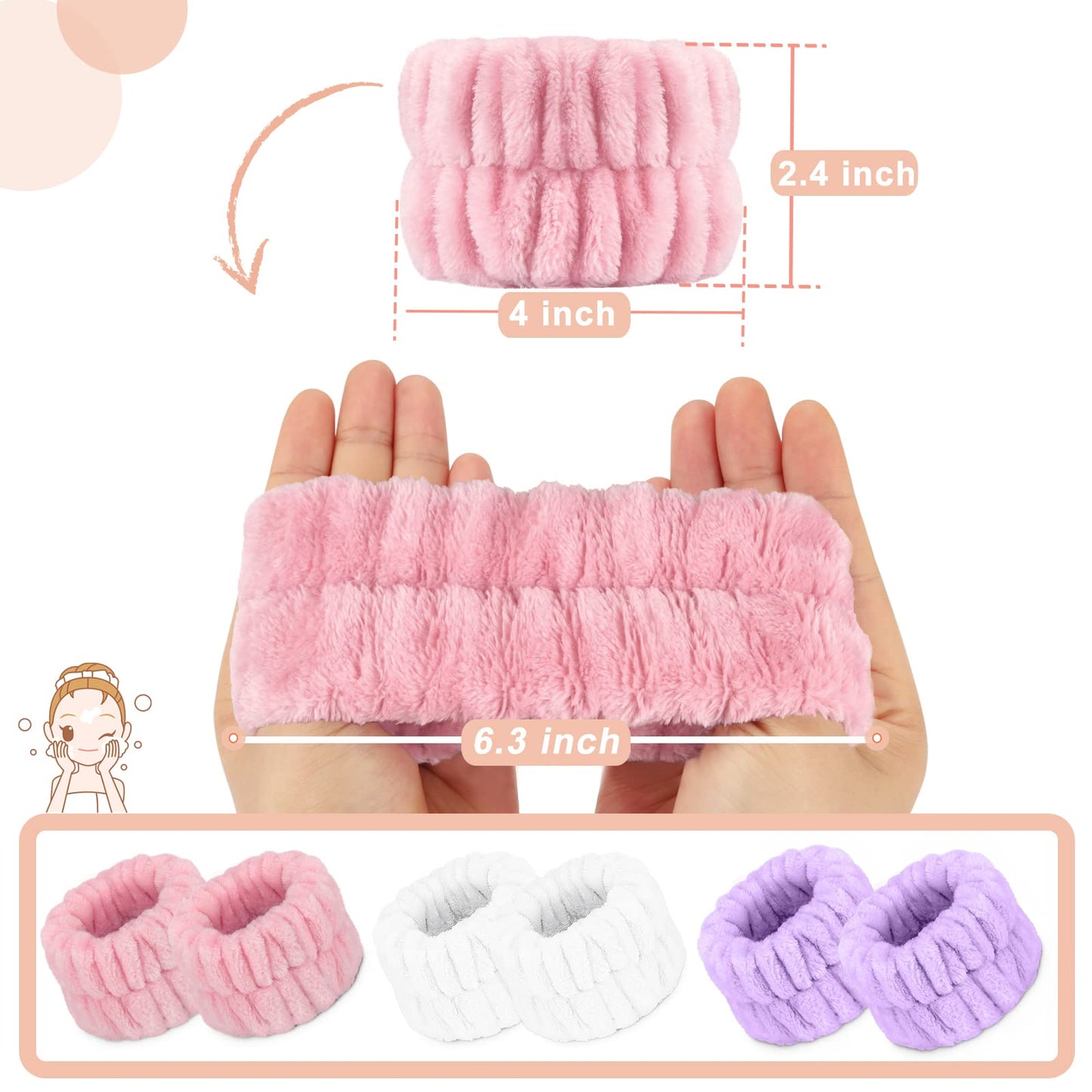 Microfiber Wrist Spa Wash Towel Bands - Absorbent Face Washing Sweatbands for Girls to Prevent Water from Spilling Down Arms, 6PCS