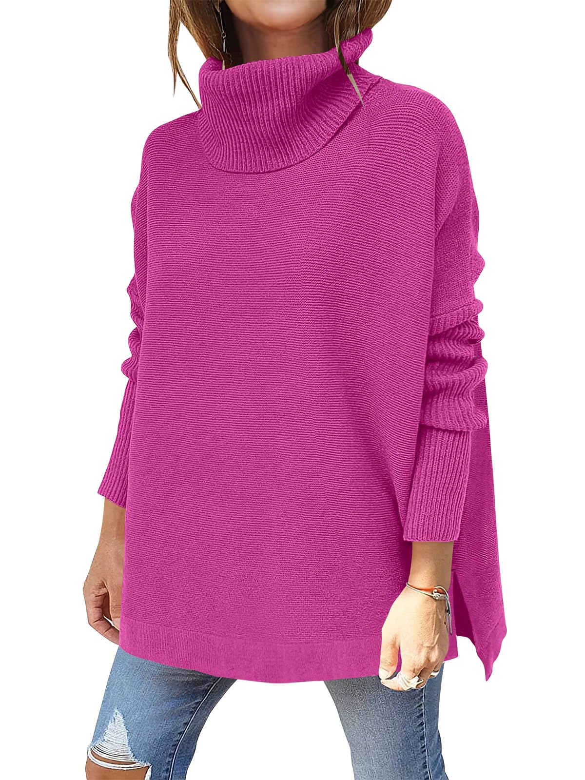 Caracilia Women's Turtleneck Oversized Sweaters 2024 Fall Long Batwing Sleeve Spilt Hem Tunic Pullover Sweater Knit Tops