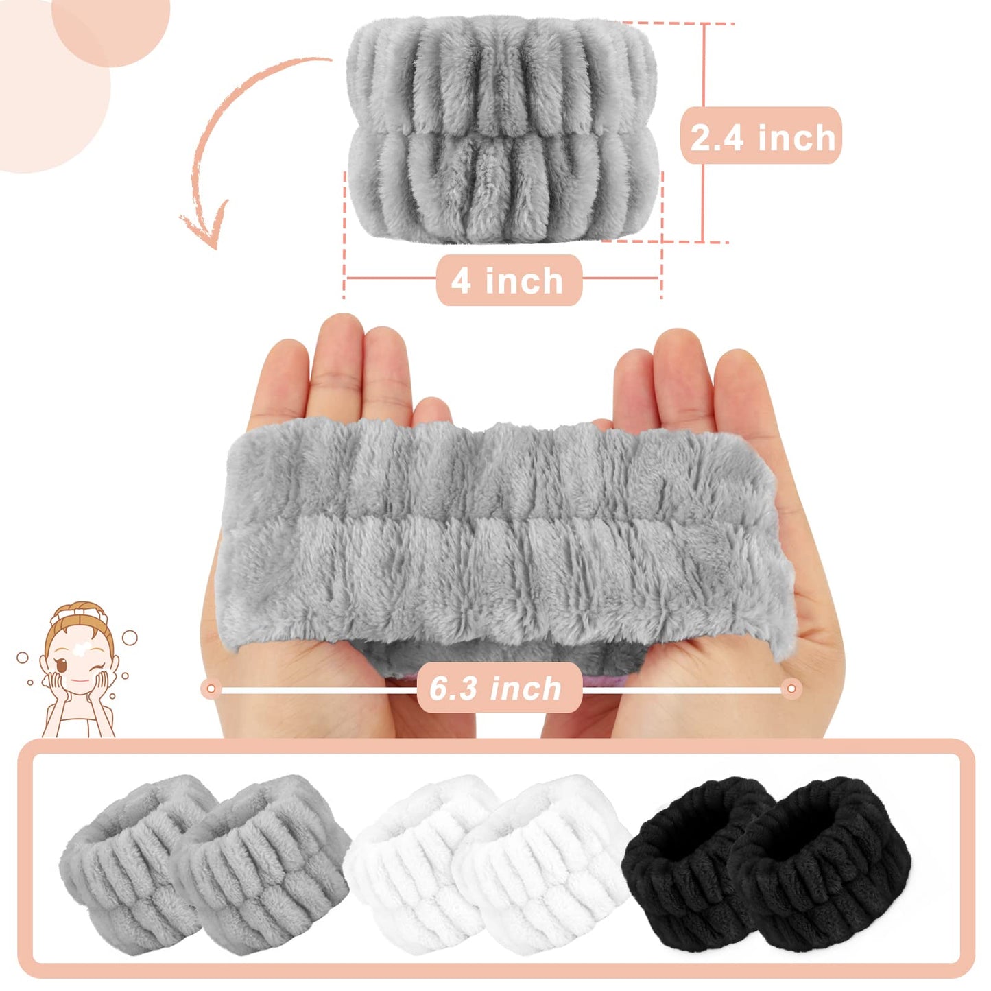 Microfiber Wrist Spa Wash Towel Bands - Absorbent Face Washing Sweatbands for Girls to Prevent Water from Spilling Down Arms, 6PCS