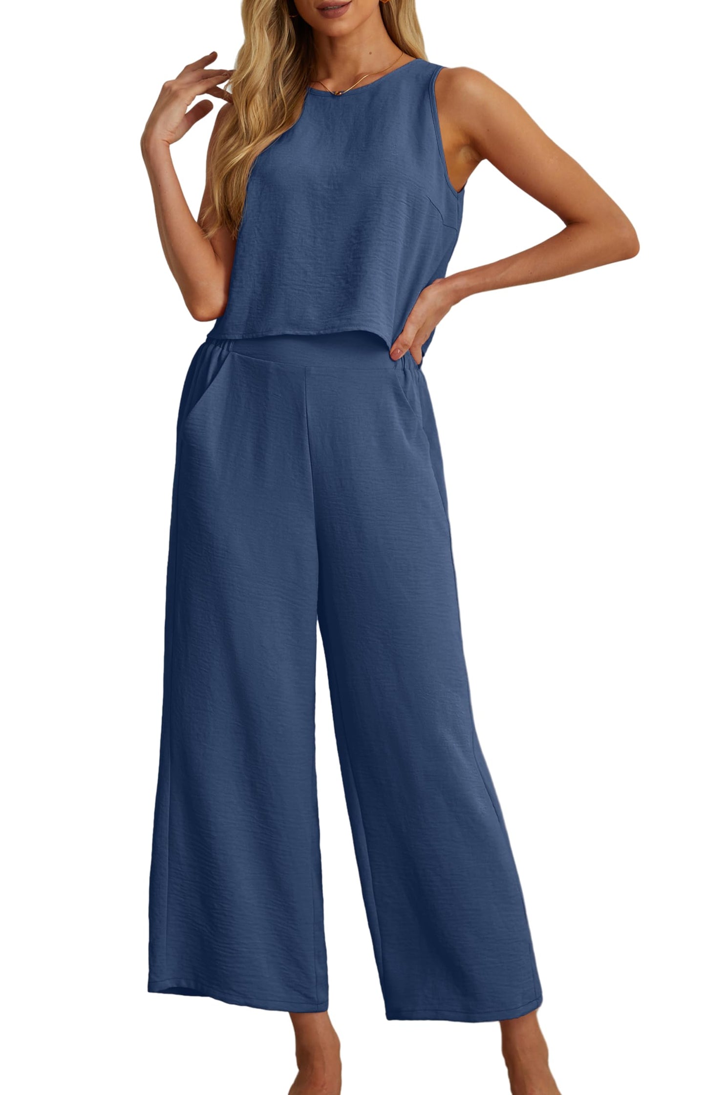 IWOLLENCE Women's Summer 2 Piece Outfits Set Round neck Sleeveless Tank Crop Top Wide Leg pants Set Pockets Jumpsuits