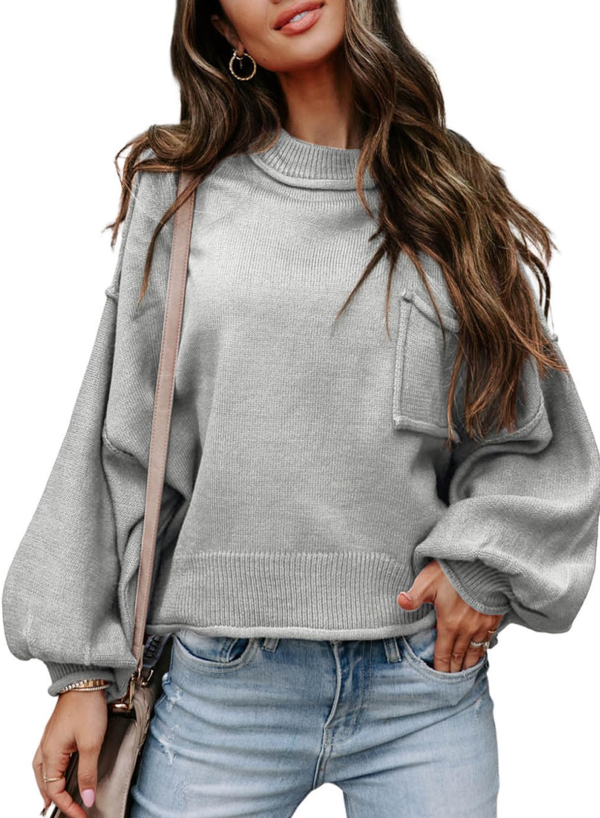 EVALESS Women's 2024 Lantern Long Sleeve Crewneck Sweater Casual Solid Color Ribbed Hem Knitwear Pullover Cropped Tops