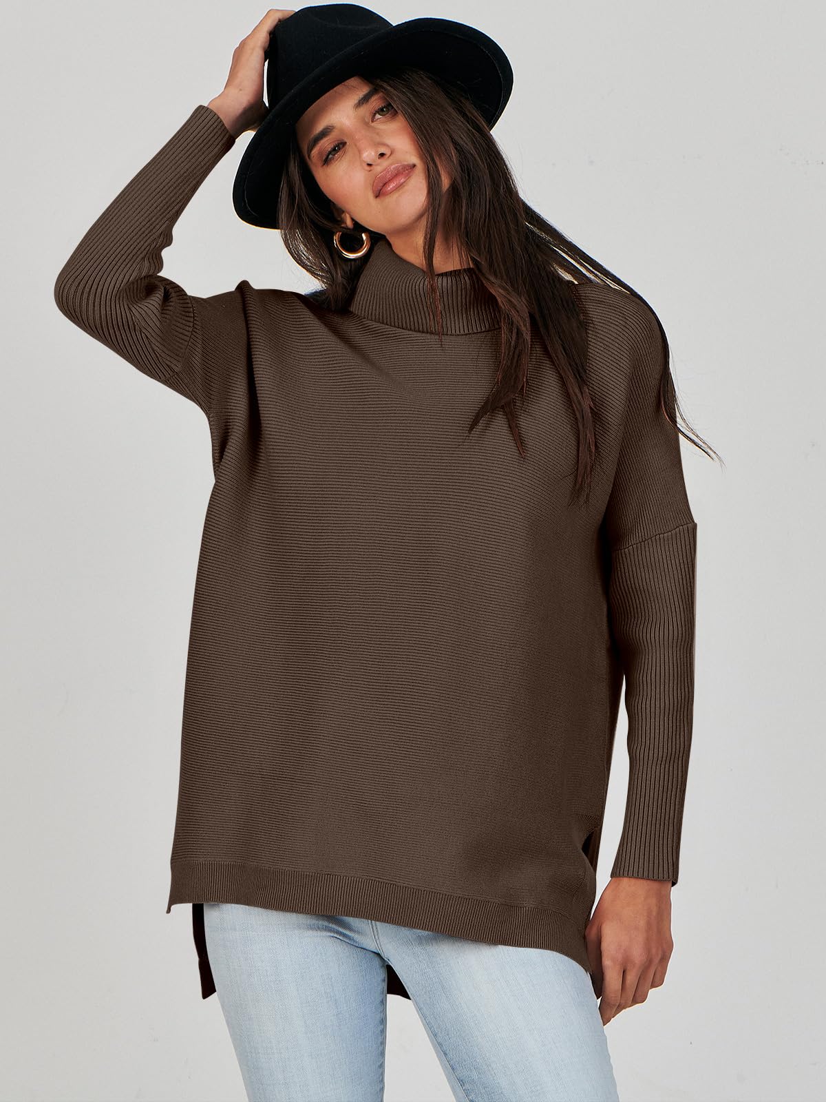 Caracilia Women's Turtleneck Oversized Sweaters 2024 Fall Long Batwing Sleeve Spilt Hem Tunic Pullover Sweater Knit Tops