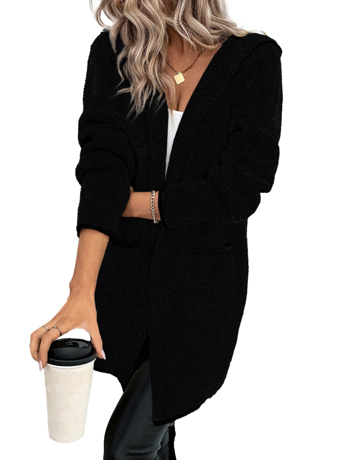 Sidefeel Women's 2024 Fall Long Sleeve Open Front Contrast Cardigan Sweaters Oversized Chunky Knit Hooded Sweaters Coat