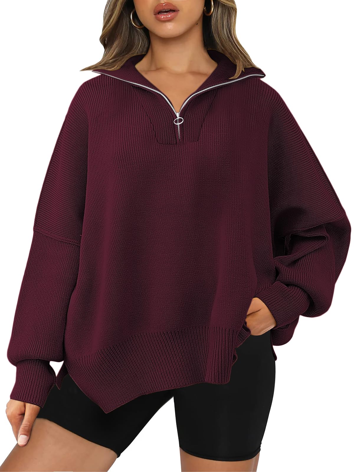 LILLUSORY Women's Oversized Sweaters 2024 Fall Trendy Zipper Collared Sweatshirts Drop Shoulder Tunic Knit Pullover Tops