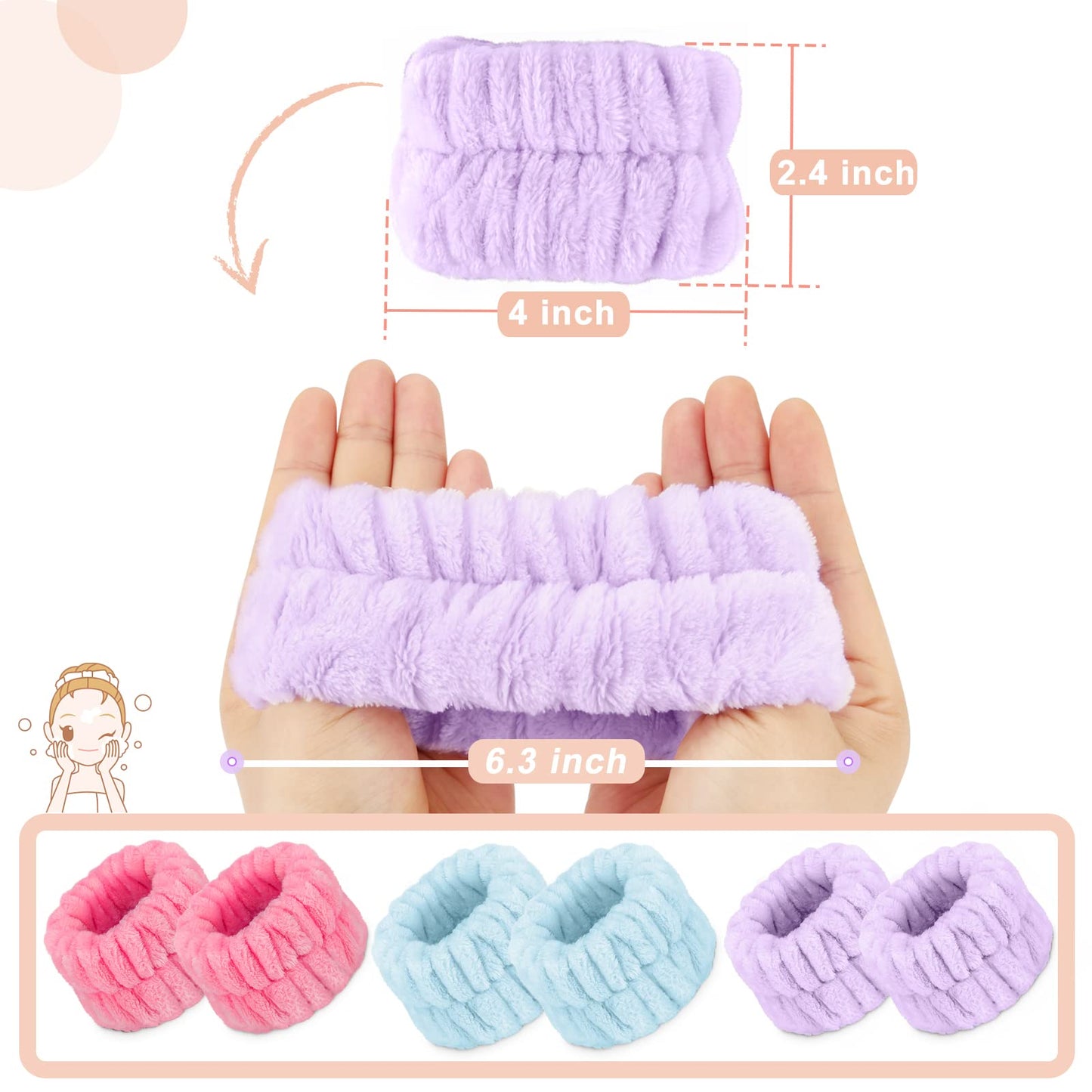 Microfiber Wrist Spa Wash Towel Bands - Absorbent Face Washing Sweatbands for Girls to Prevent Water from Spilling Down Arms, 6PCS