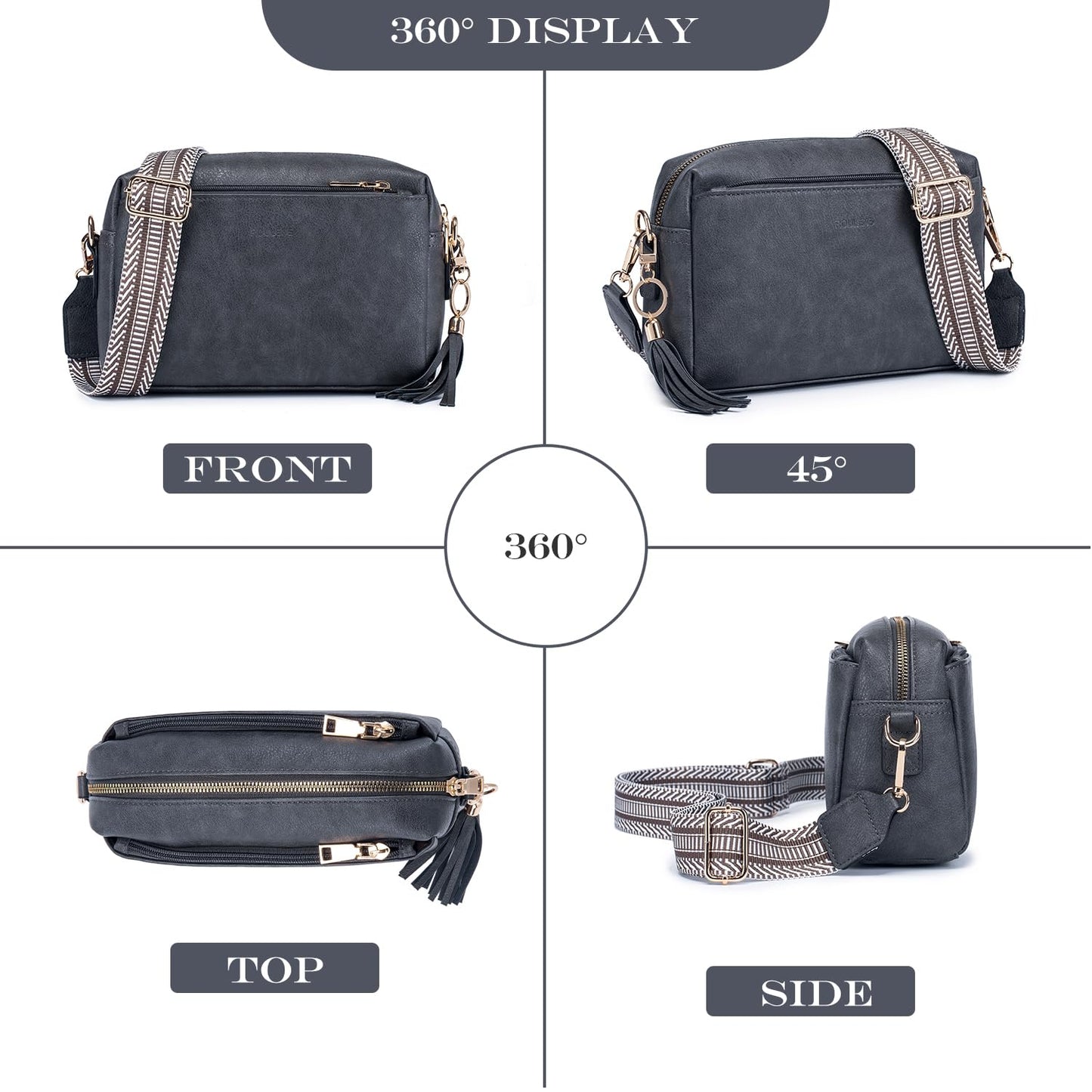 Triple Zip Small Crossbody Bag for women,Wide Strap Cell Phone Purse Shoulder Handbag Wallet with Credit Card Slots