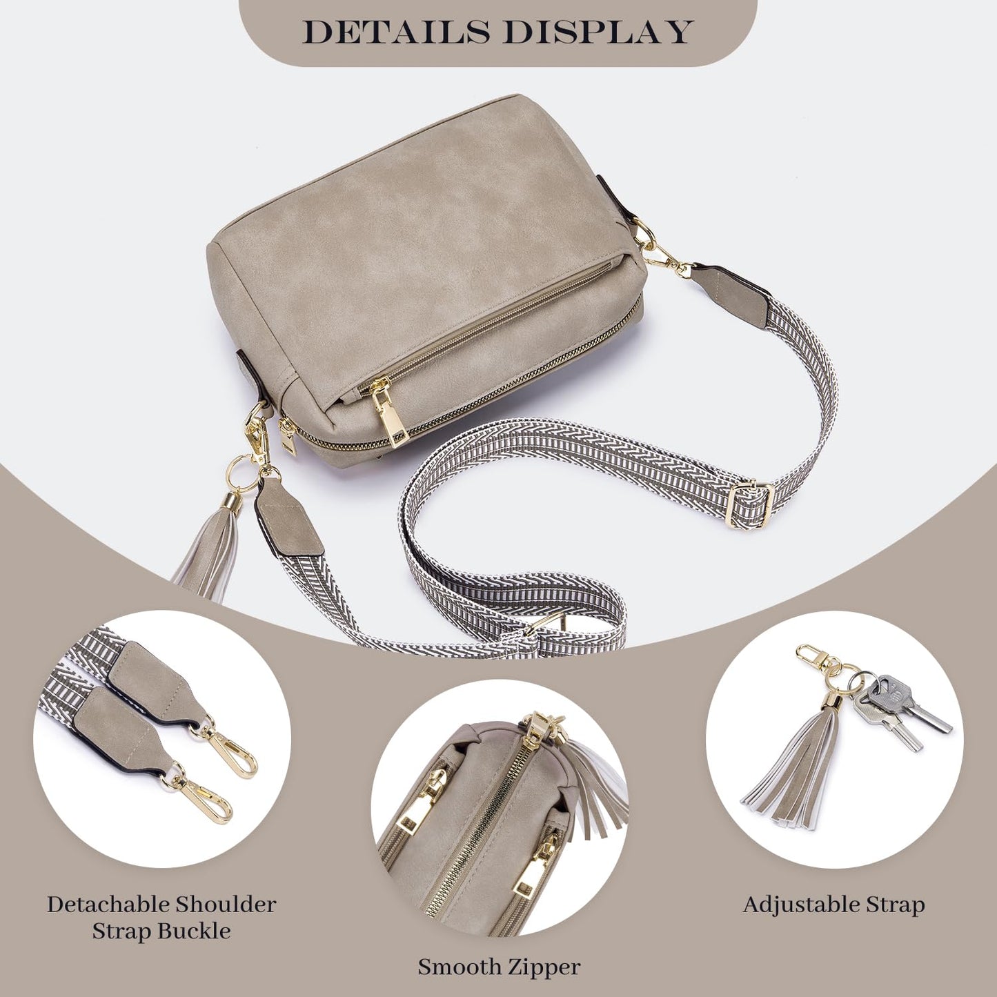 Triple Zip Small Crossbody Bag for women,Wide Strap Cell Phone Purse Shoulder Handbag Wallet with Credit Card Slots