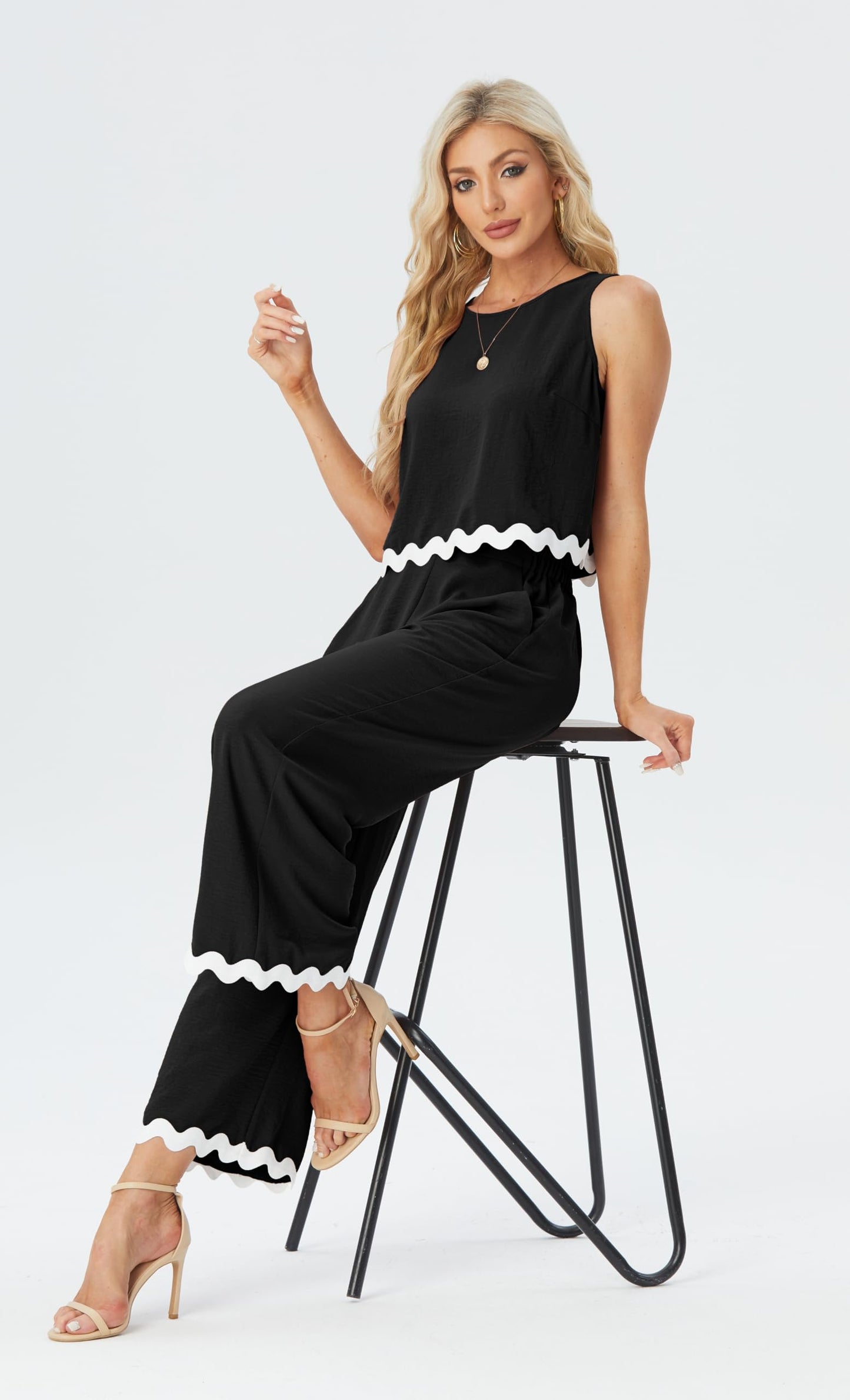 IWOLLENCE Women's Summer 2 Piece Outfits Set Round neck Sleeveless Tank Crop Top Wide Leg pants Set Pockets Jumpsuits