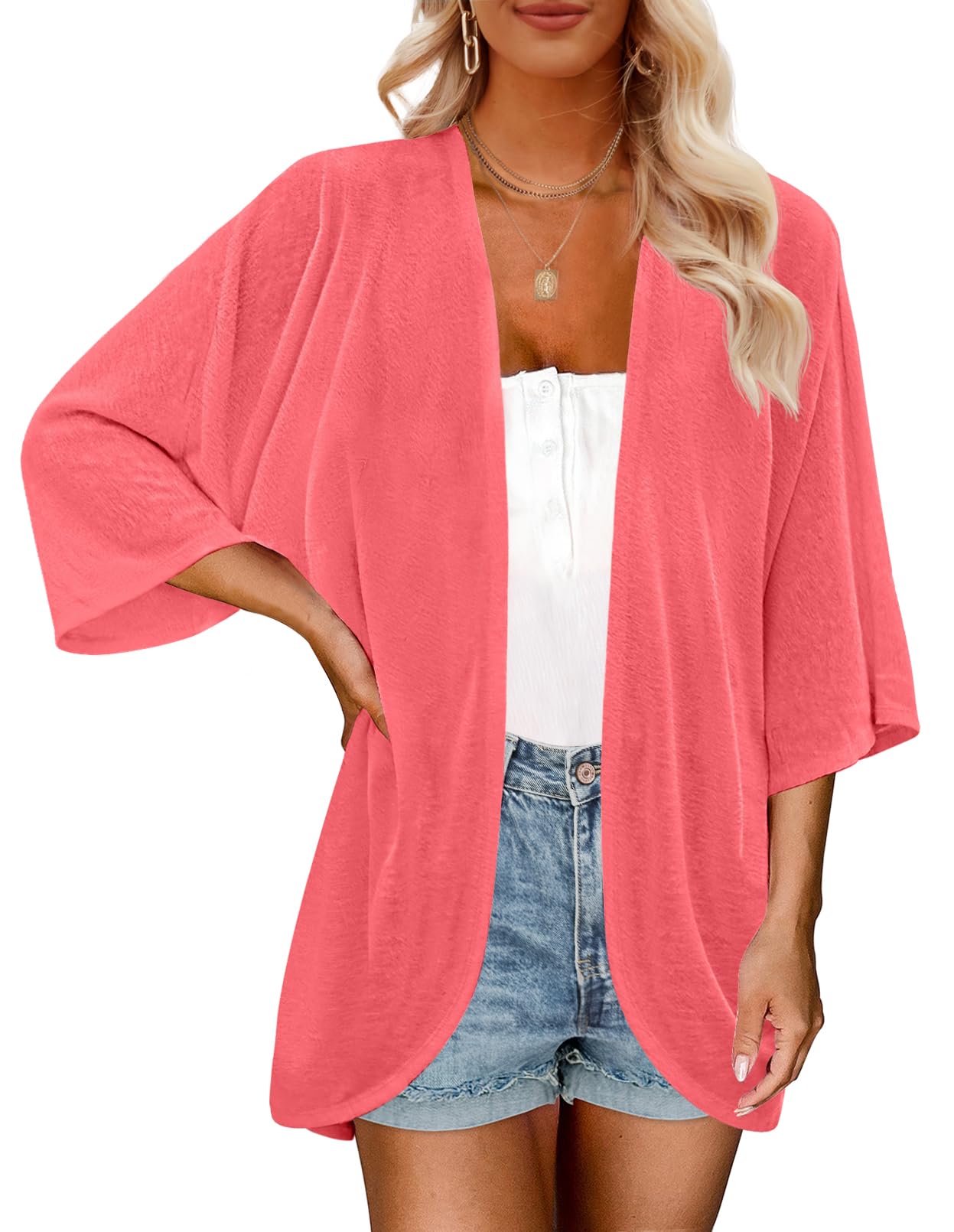 MEROKEETY Women's Lightweight Cardigan Kimono Short Sleeve Open Front Casual Loose Beach Cover Ups