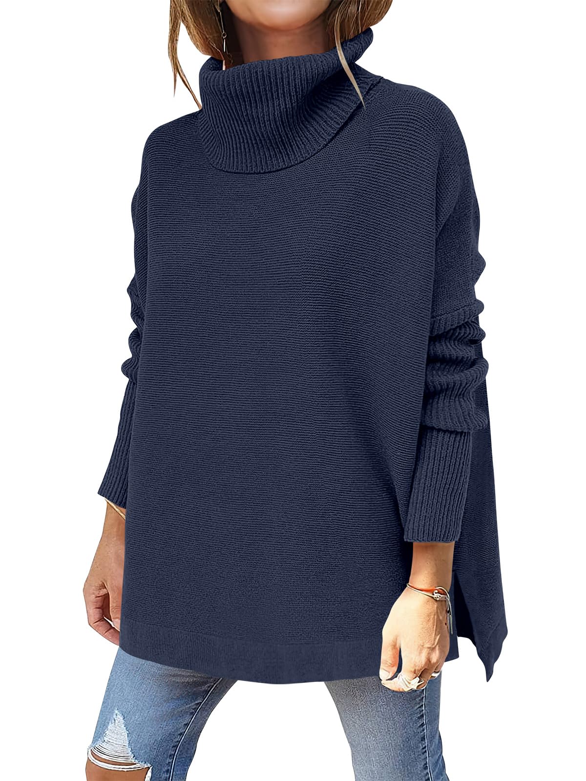 Caracilia Women's Turtleneck Oversized Sweaters 2024 Fall Long Batwing Sleeve Spilt Hem Tunic Pullover Sweater Knit Tops