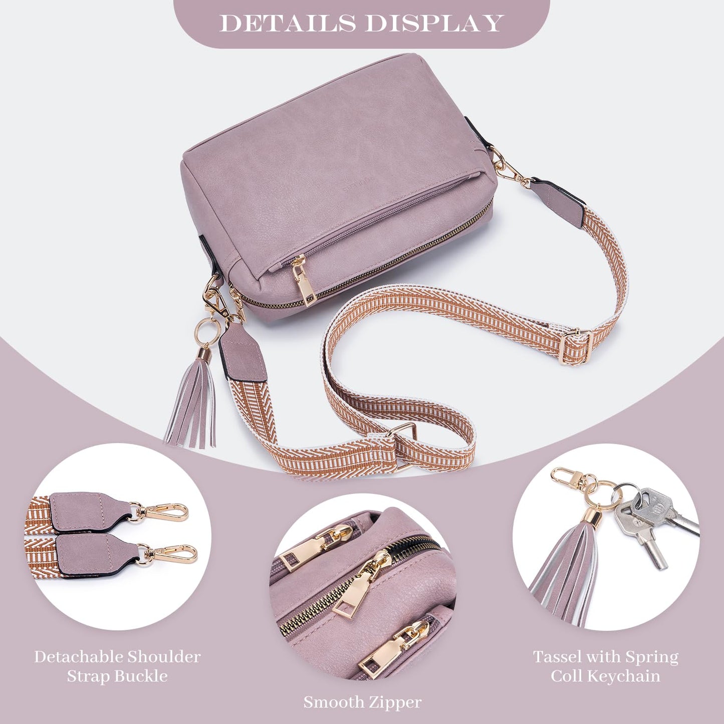 Triple Zip Small Crossbody Bag for women,Wide Strap Cell Phone Purse Shoulder Handbag Wallet with Credit Card Slots