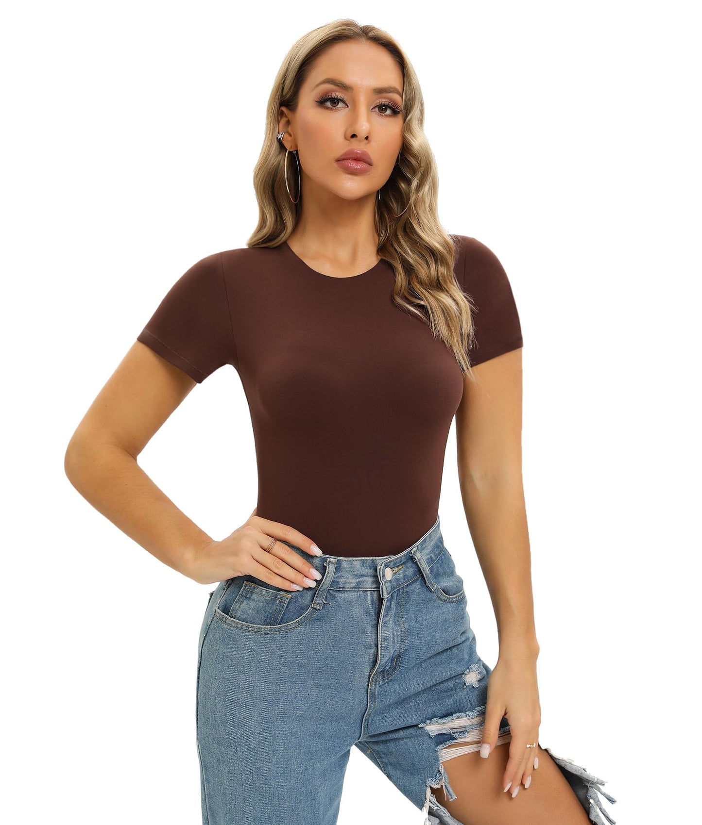 SHAPERX Women's Fit Everybody Bodysuit Soft Crew Neck T-shirt Body Suits with Thong Design