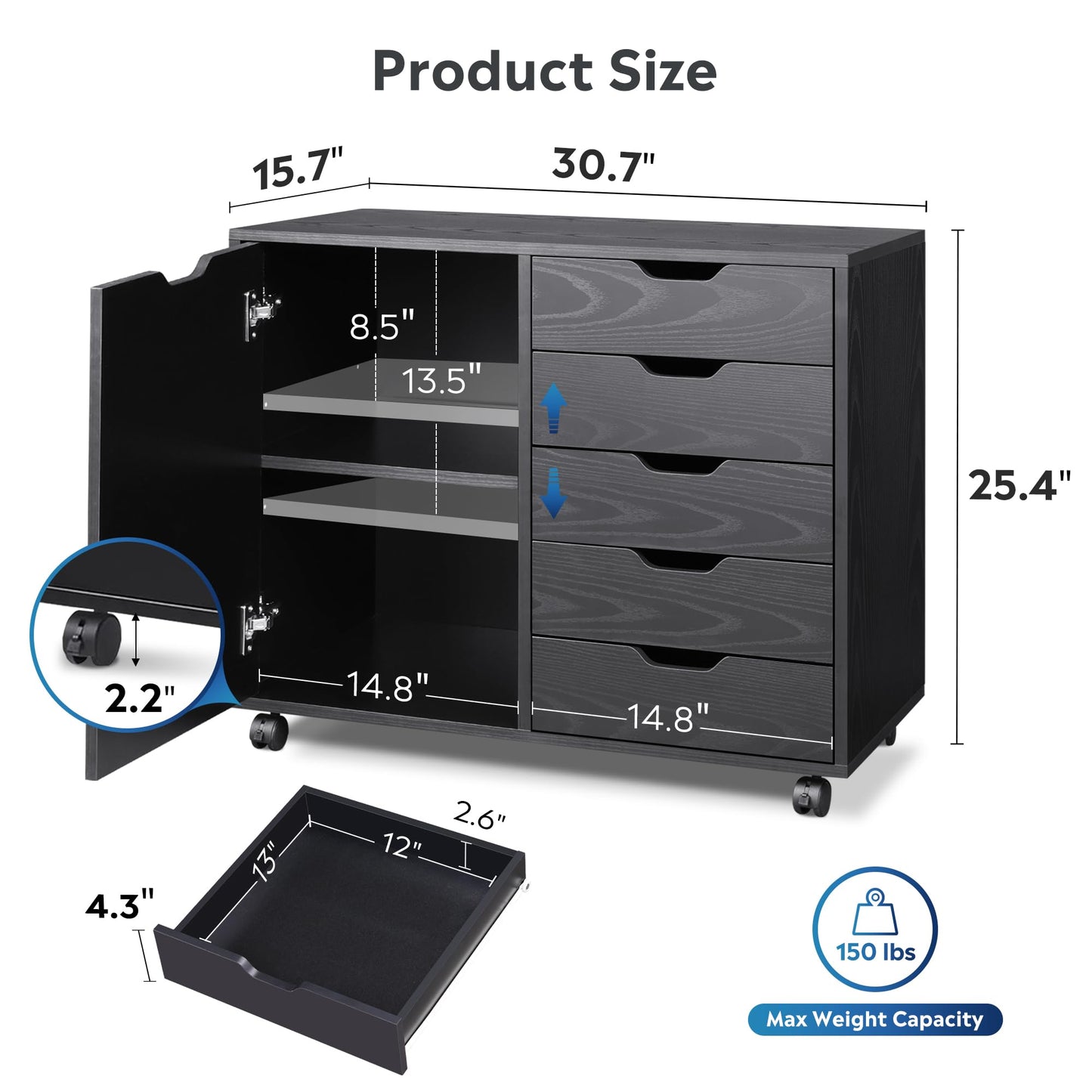 DEVAISE 5-Drawer Wood Dresser Chest with Door, Mobile Storage Cabinet, Printer Stand for Home Office