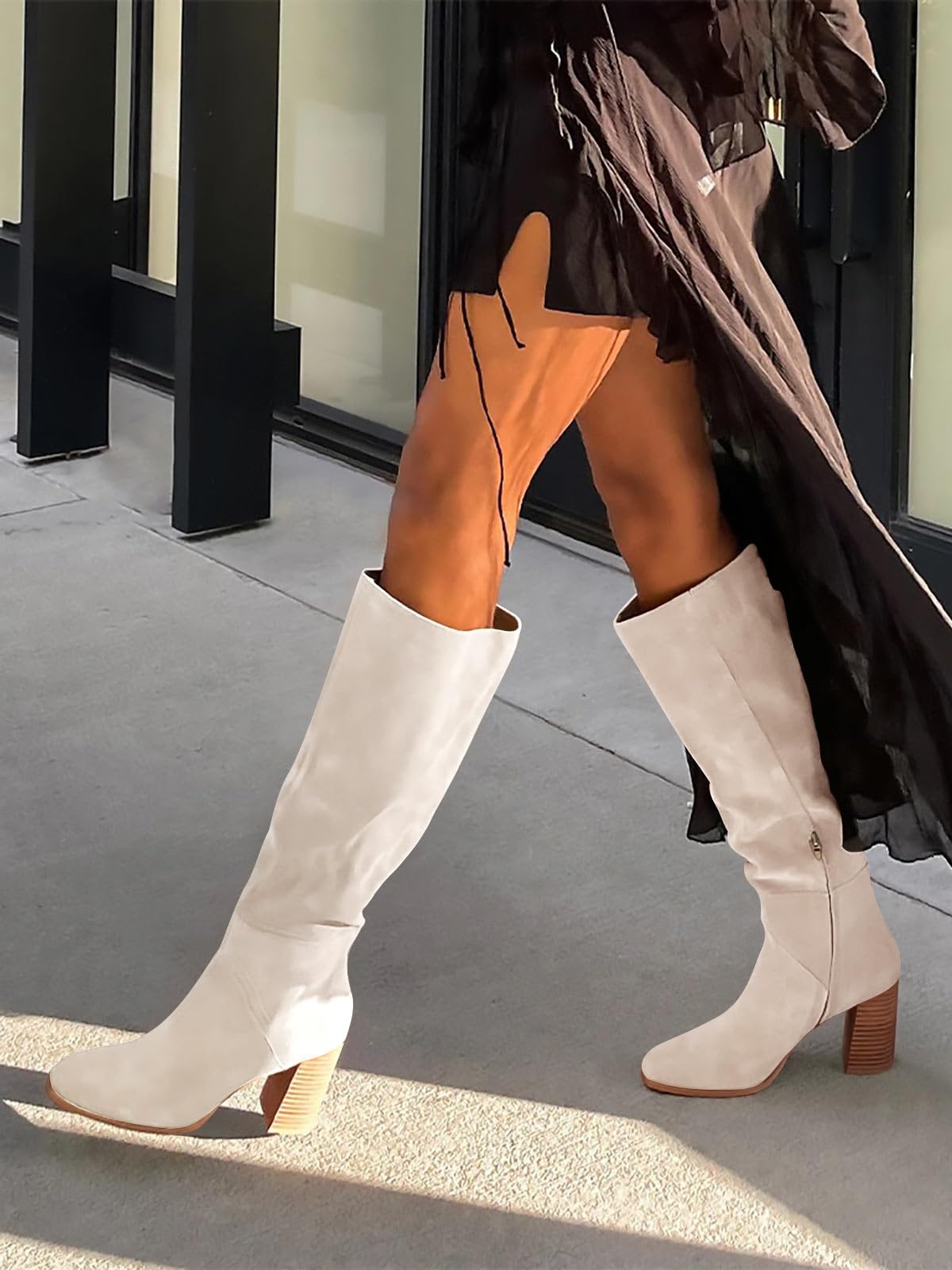 Coutgo Womens Knee High Boots Square Toe Chunky Block Heel Side Zipper Faux Suede Long Boots Fall Winter Shoes