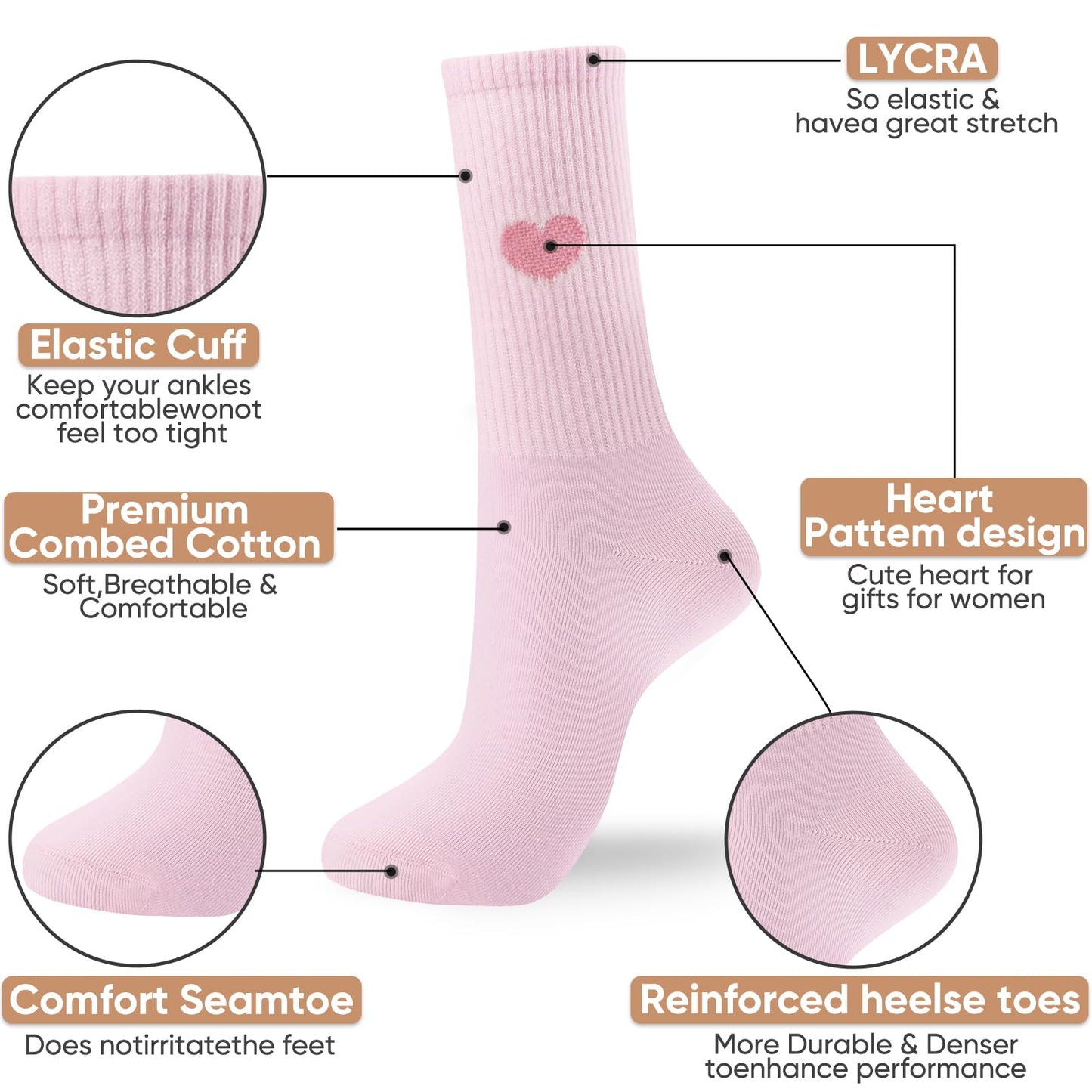 Corlap Women's Crew Calf Cotton Socks Long Fun Cute Heart Soft Dress Socks,Above Ankle High Casual Socks(5Pairs Gifts Box)
