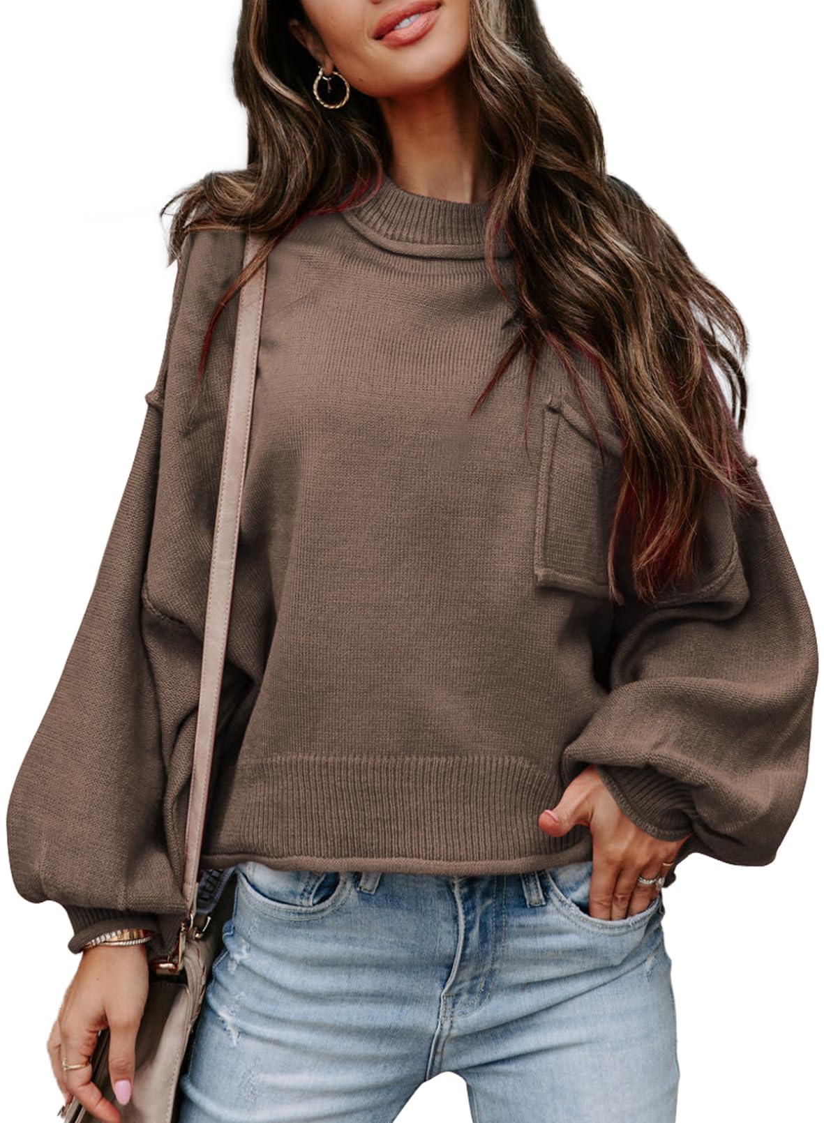 EVALESS Women's 2024 Lantern Long Sleeve Crewneck Sweater Casual Solid Color Ribbed Hem Knitwear Pullover Cropped Tops