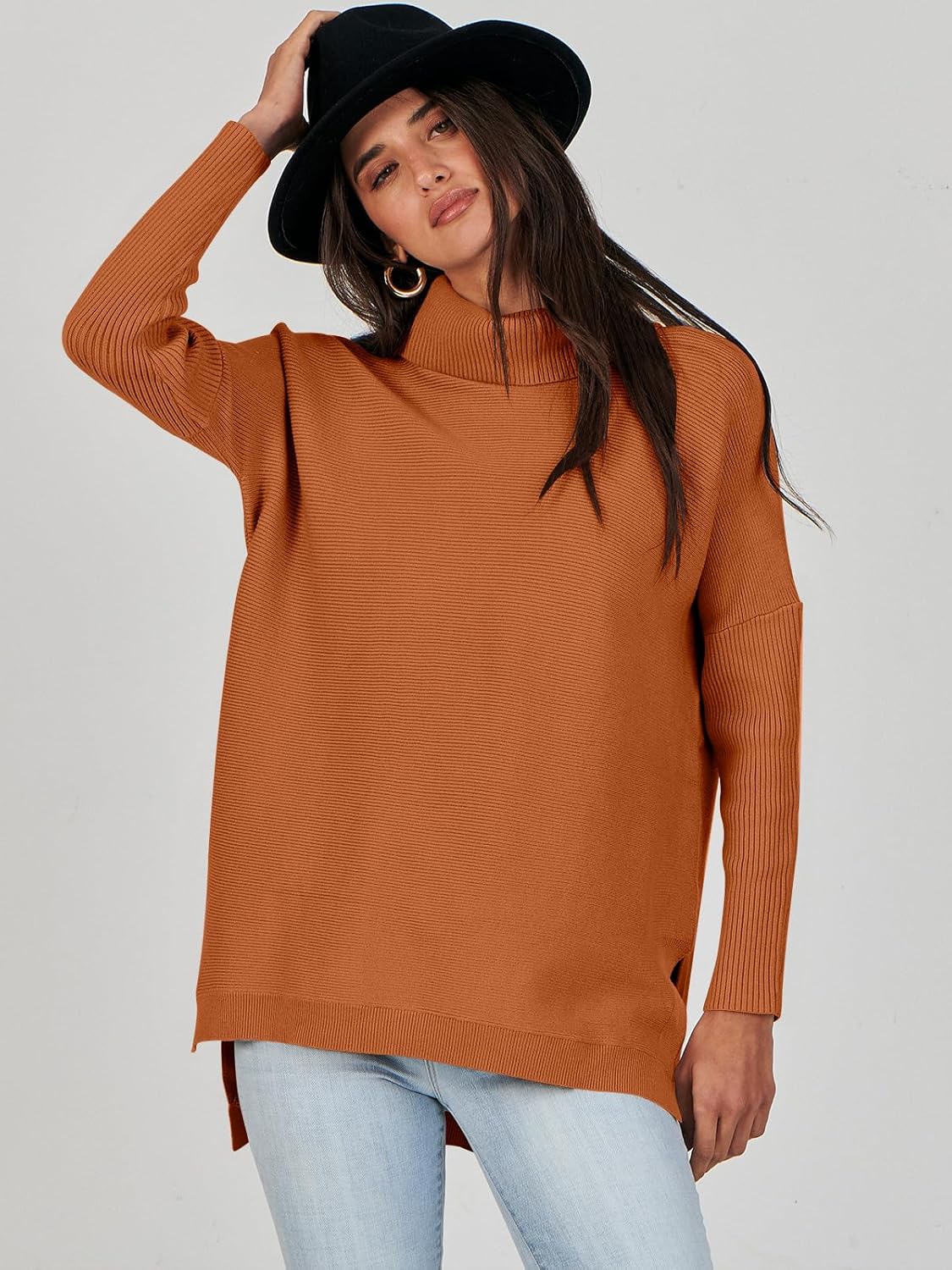 Caracilia Women's Turtleneck Oversized Sweaters 2024 Fall Long Batwing Sleeve Spilt Hem Tunic Pullover Sweater Knit Tops