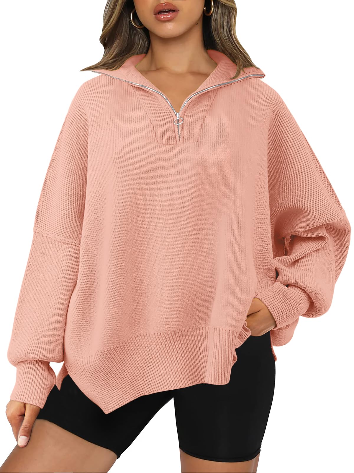 LILLUSORY Women's Oversized Sweaters 2024 Fall Trendy Zipper Collared Sweatshirts Drop Shoulder Tunic Knit Pullover Tops