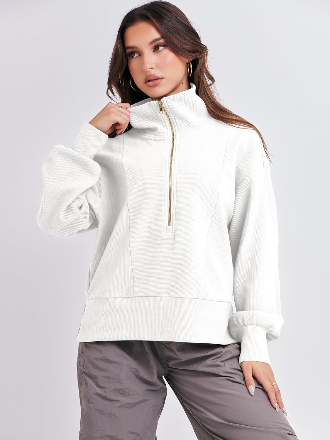 ANRABESS Women Half Zip Cropped Sweatshirt Casual Fleece Quarter Zip Hoodies Knit Pullover Top 2024 Fall Outfits Clothes White 1050baise-M