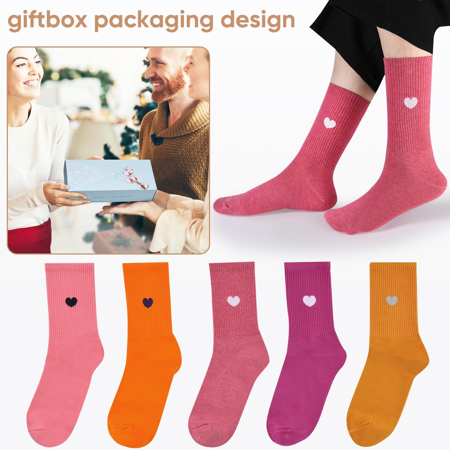 Corlap Women's Crew Calf Cotton Socks Long Fun Cute Heart Soft Dress Socks,Above Ankle High Casual Socks(5Pairs Gifts Box)