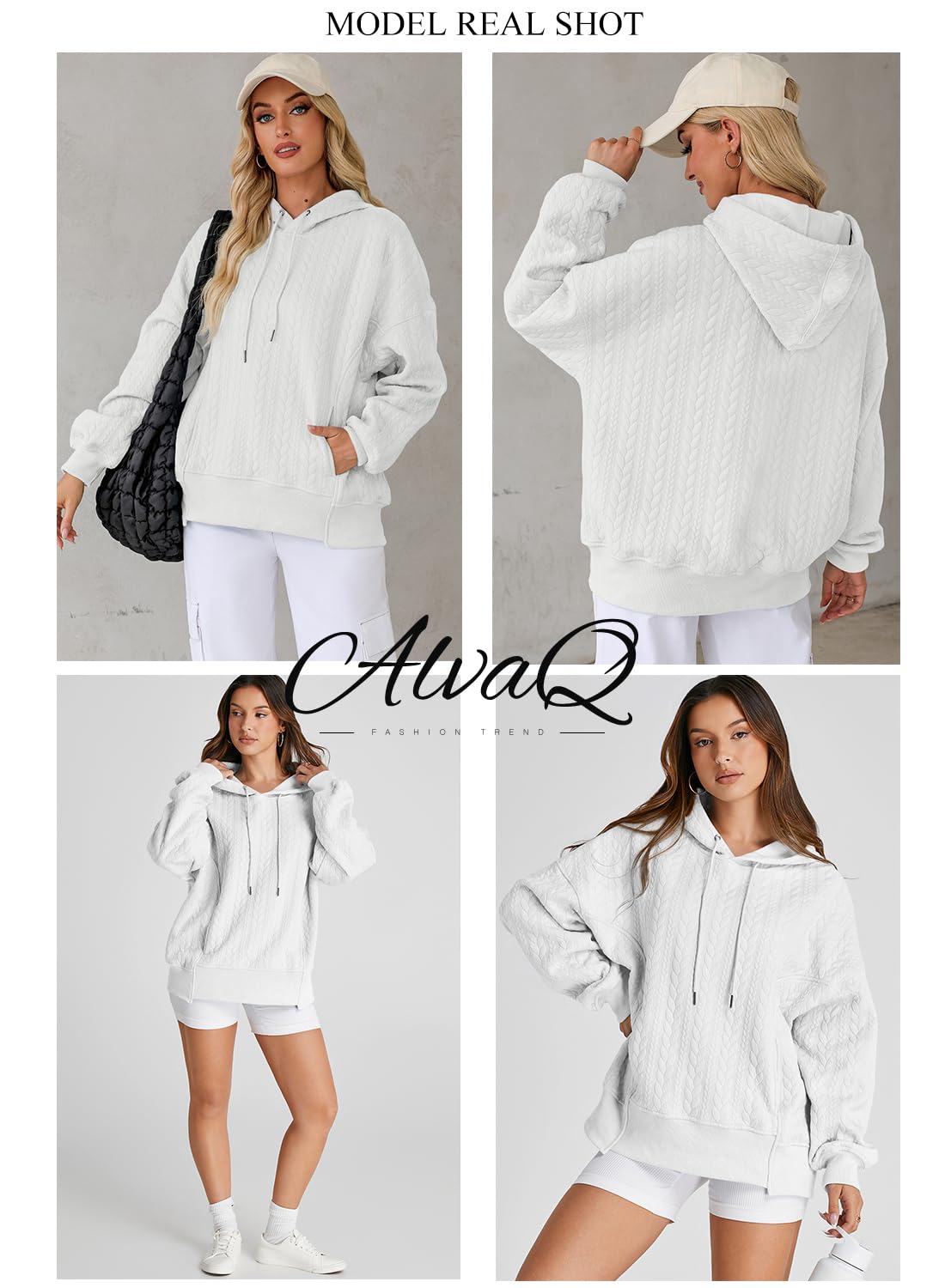 AlvaQ Womens Oversized Hoodies Fall Winter Casual Quilted Long Sleeve Drawstring Hooded Pocketed Sweatshirts Pullover Top