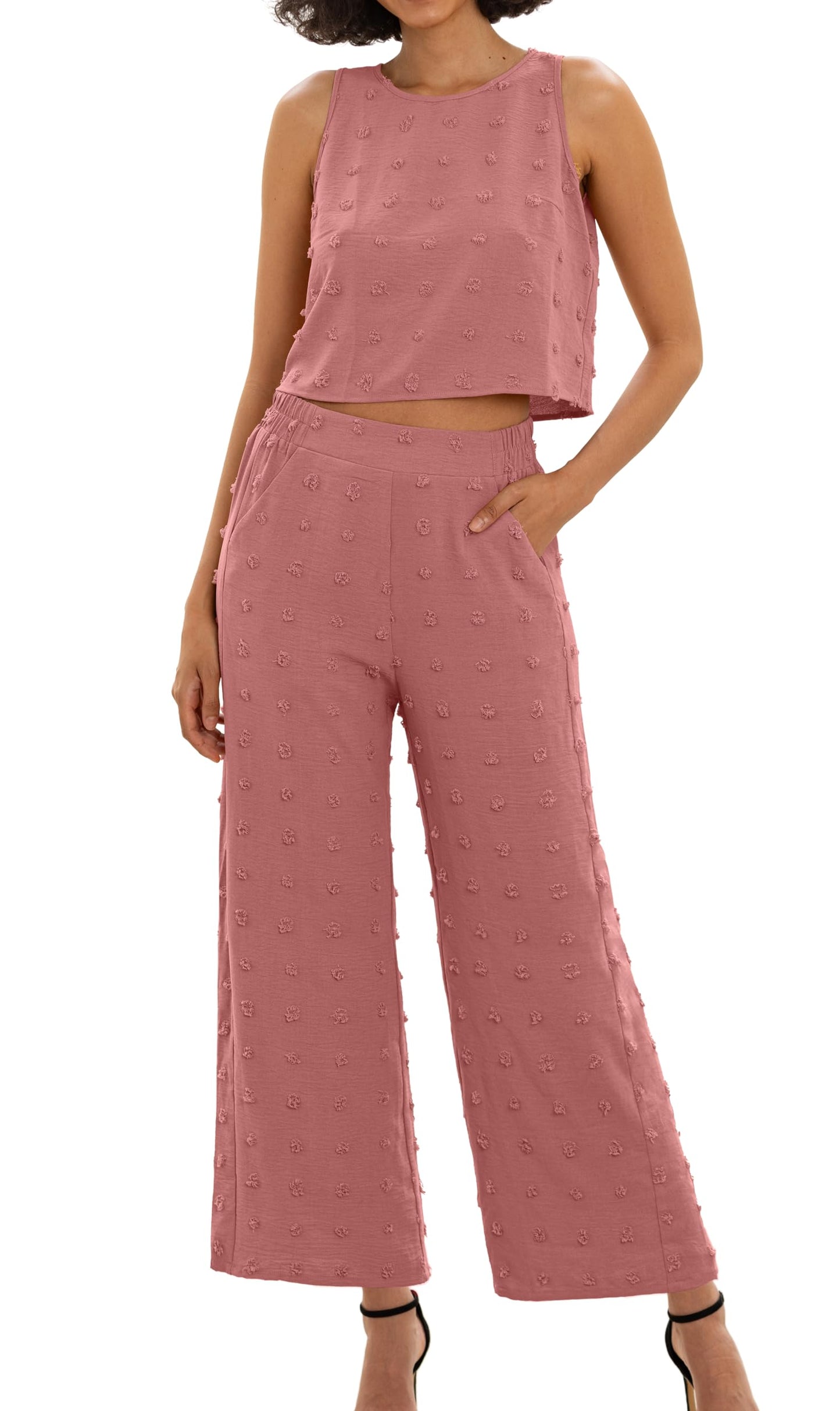 IWOLLENCE Women's Summer 2 Piece Outfits Set Round neck Sleeveless Tank Crop Top Wide Leg pants Set Pockets Jumpsuits