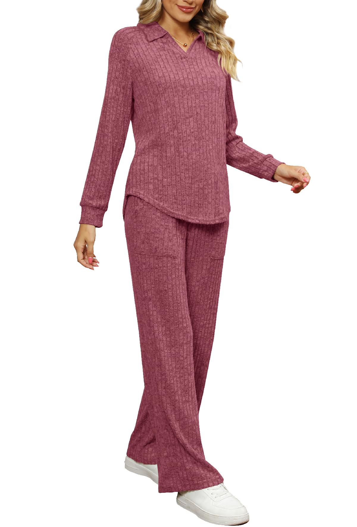 WIHOLL 2 Piece Sets for Women Loungewear Wide Leg Pants Sweatsuits Collar V Neck Pajama Matching Sets