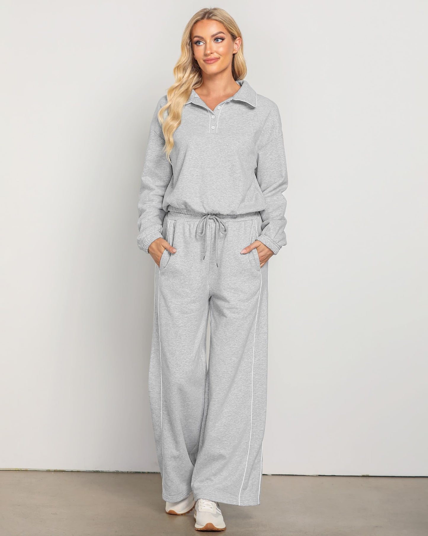 GRAPENT Sweatsuits Two Piece Sets for Women High Wasited Wide Leg Pants Fleece Button Pullover Sweatshirt Lounge Outfits