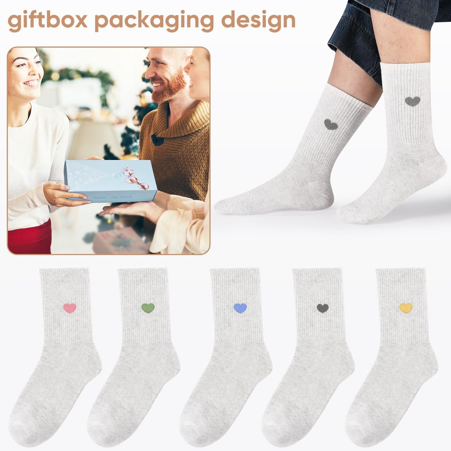 Corlap Women's Crew Calf Cotton Socks Long Fun Cute Heart Soft Dress Socks,Above Ankle High Casual Socks(5Pairs Gifts Box)