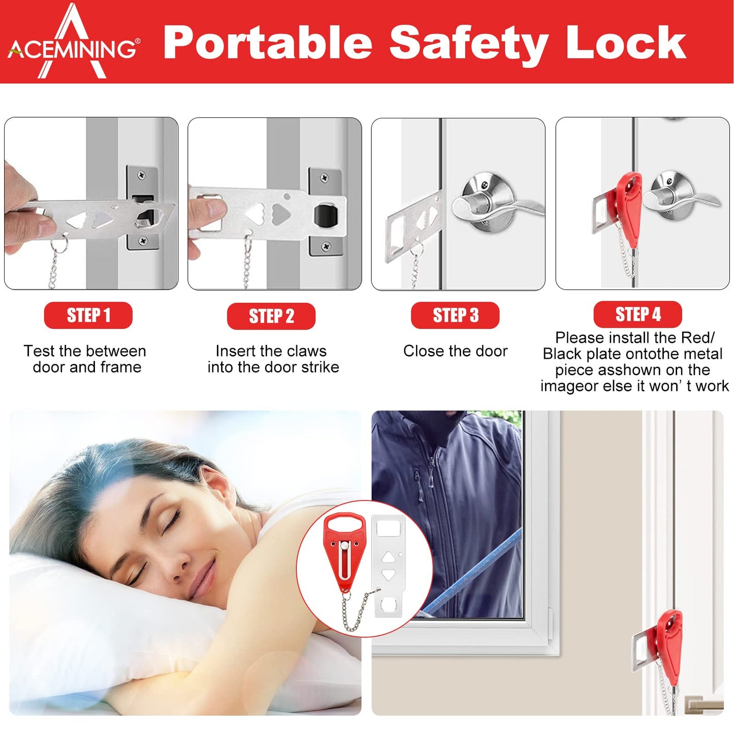 AceMining Portable Door Lock Home Security Door Lock Travel Lockdown Locks for Additional Safety and Privacy Perfect for Traveling Hotel Home Apartment College