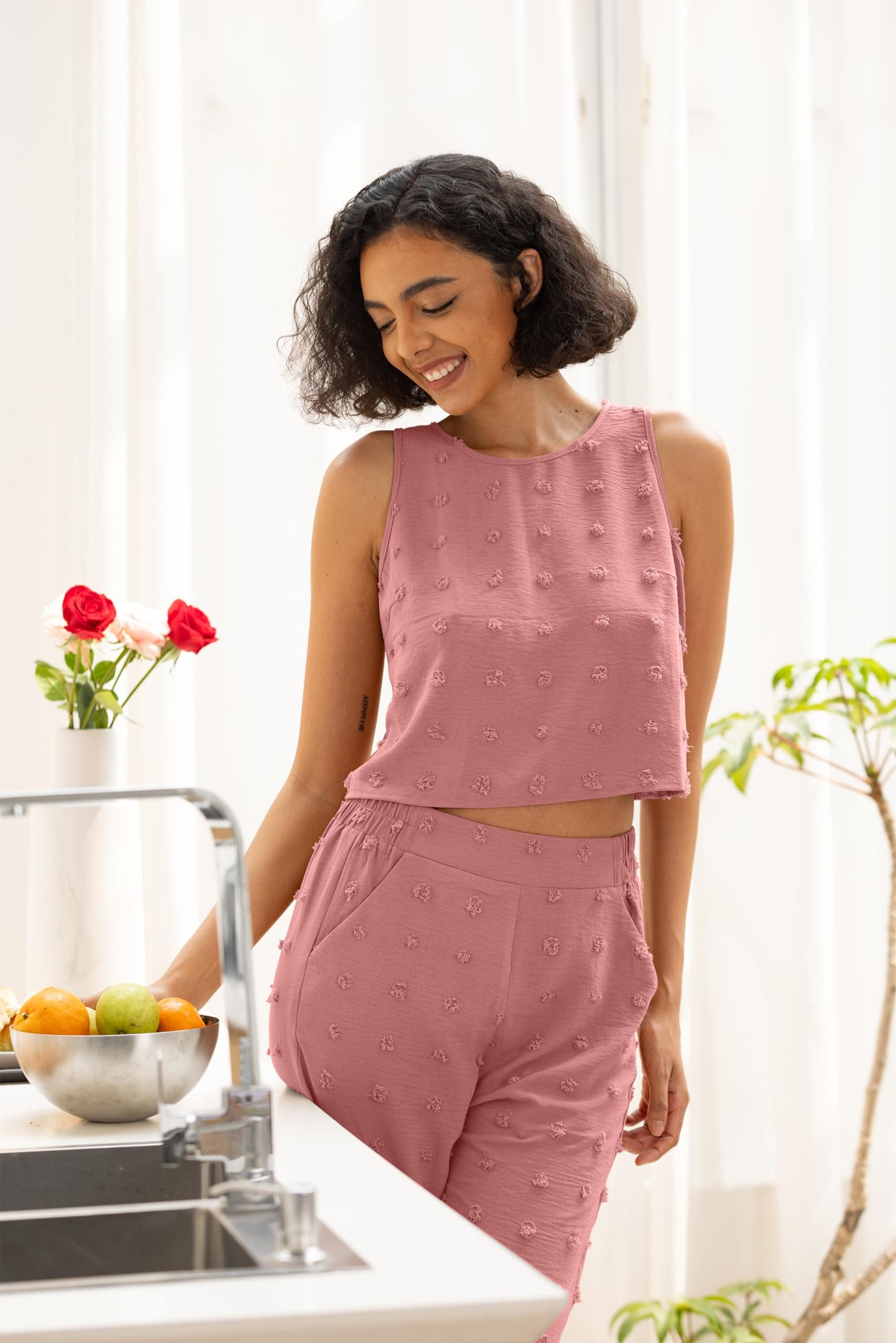 IWOLLENCE Women's Summer 2 Piece Outfits Set Round neck Sleeveless Tank Crop Top Wide Leg pants Set Pockets Jumpsuits