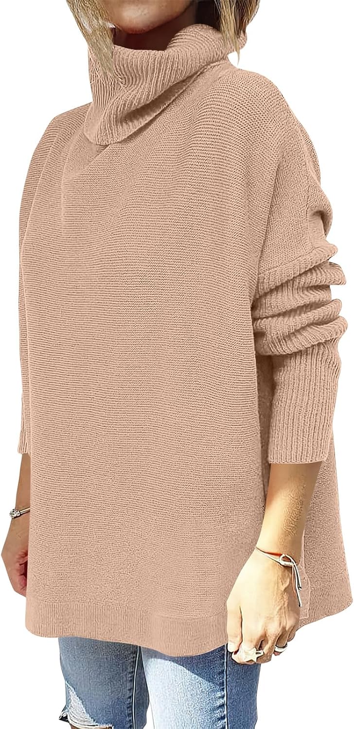 Caracilia Women's Turtleneck Oversized Sweaters 2024 Fall Long Batwing Sleeve Spilt Hem Tunic Pullover Sweater Knit Tops