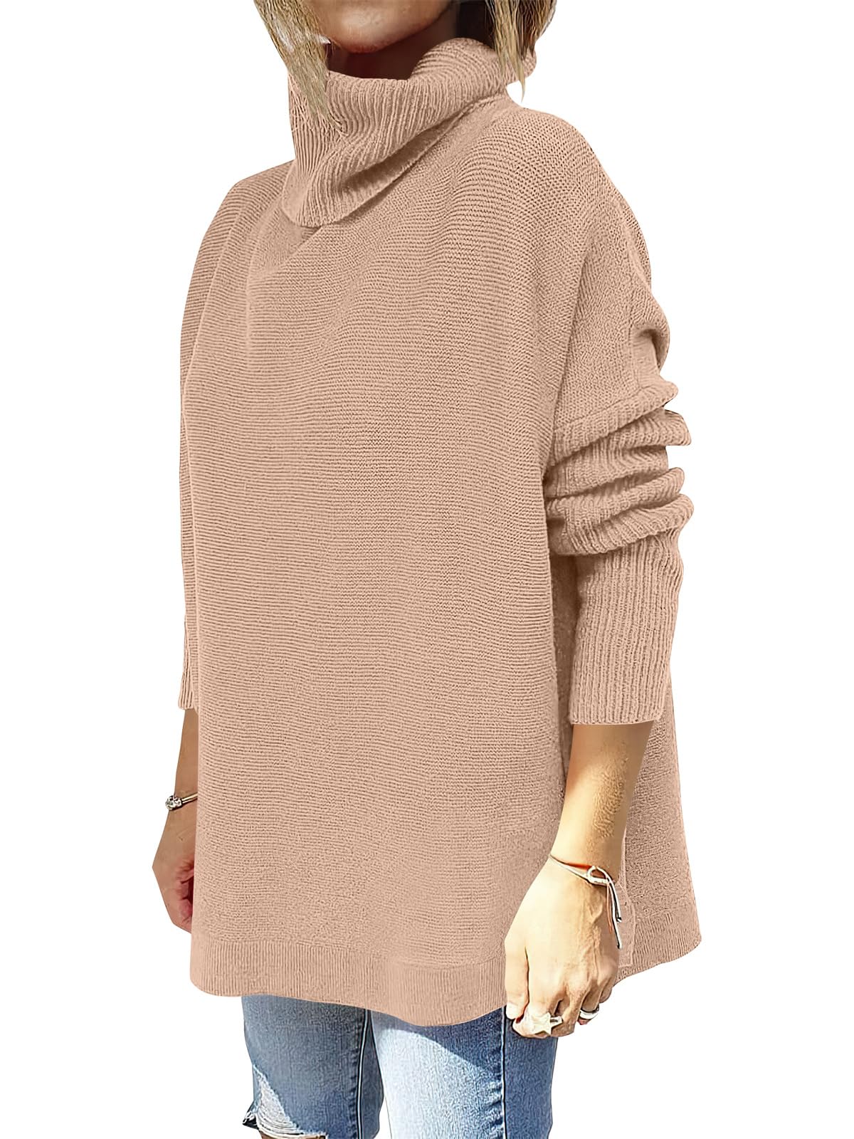 Caracilia Women's Turtleneck Oversized Sweaters 2024 Fall Long Batwing Sleeve Spilt Hem Tunic Pullover Sweater Knit Tops