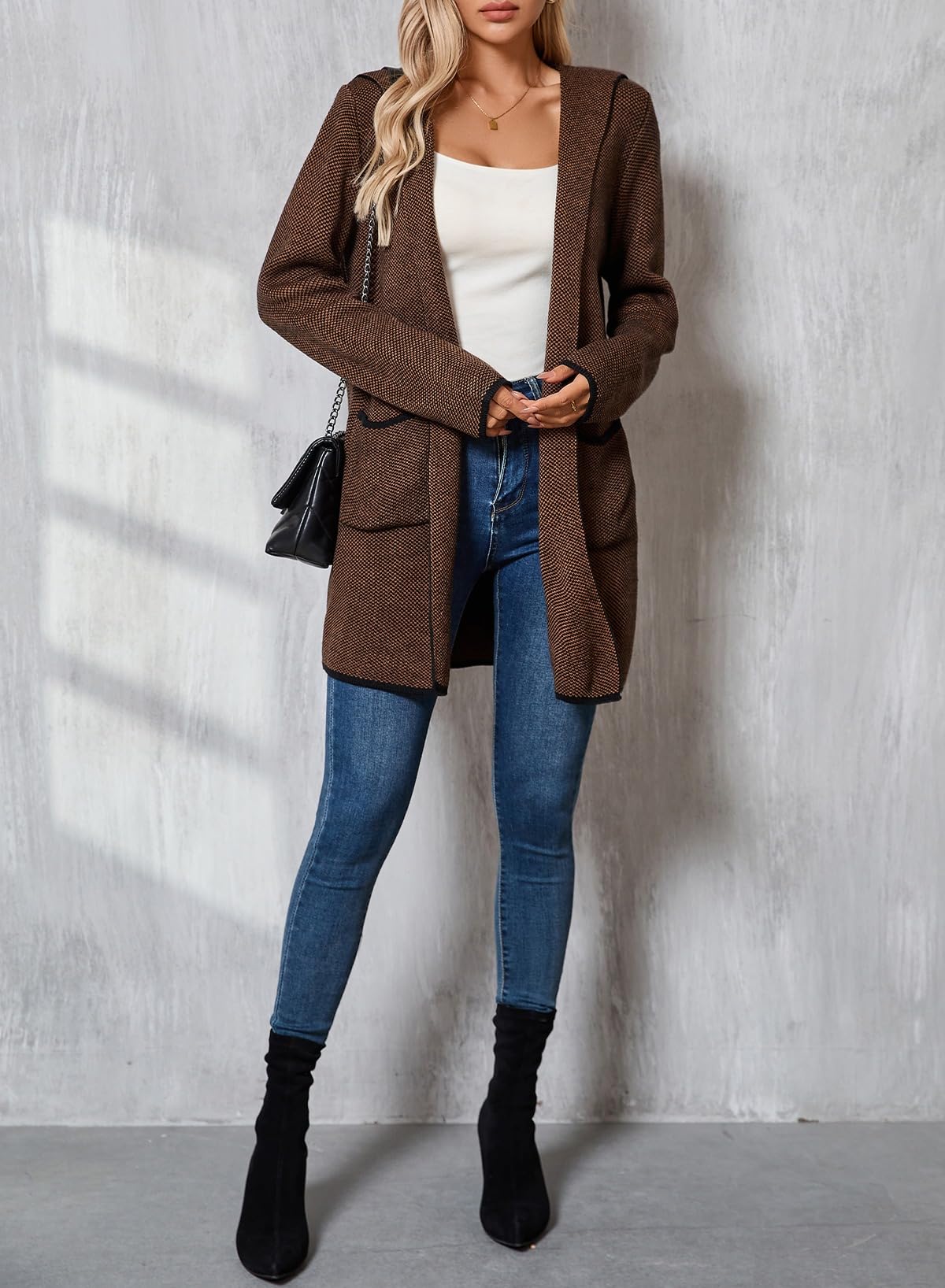 Sidefeel Women's 2024 Fall Long Sleeve Open Front Contrast Cardigan Sweaters Oversized Chunky Knit Hooded Sweaters Coat