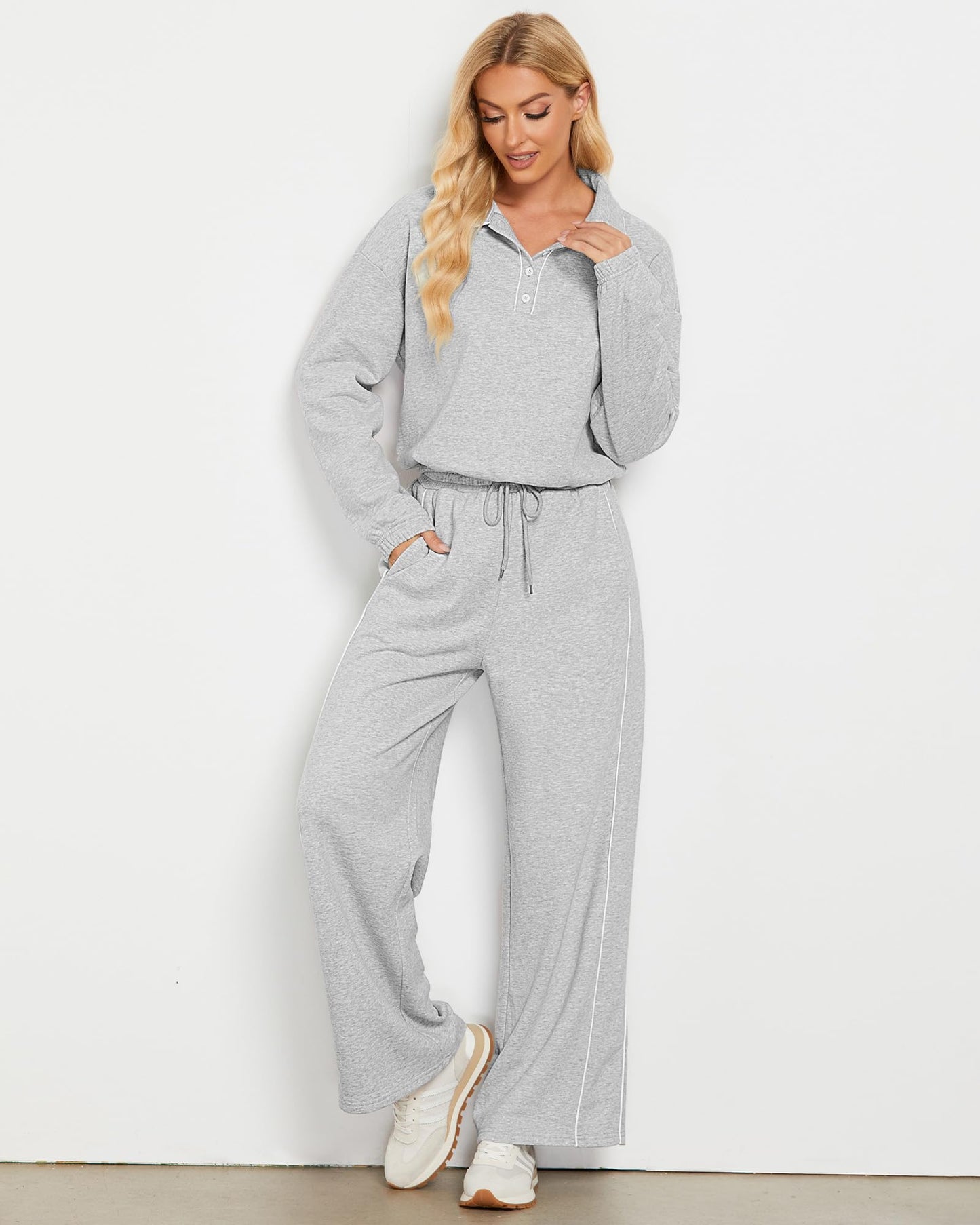 GRAPENT Sweatsuits Two Piece Sets for Women High Wasited Wide Leg Pants Fleece Button Pullover Sweatshirt Lounge Outfits