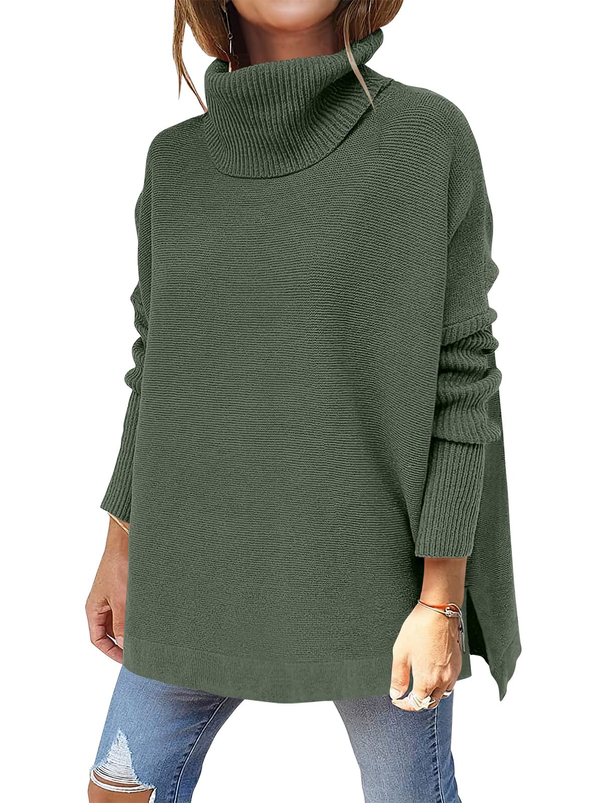 Caracilia Women's Turtleneck Oversized Sweaters 2024 Fall Long Batwing Sleeve Spilt Hem Tunic Pullover Sweater Knit Tops