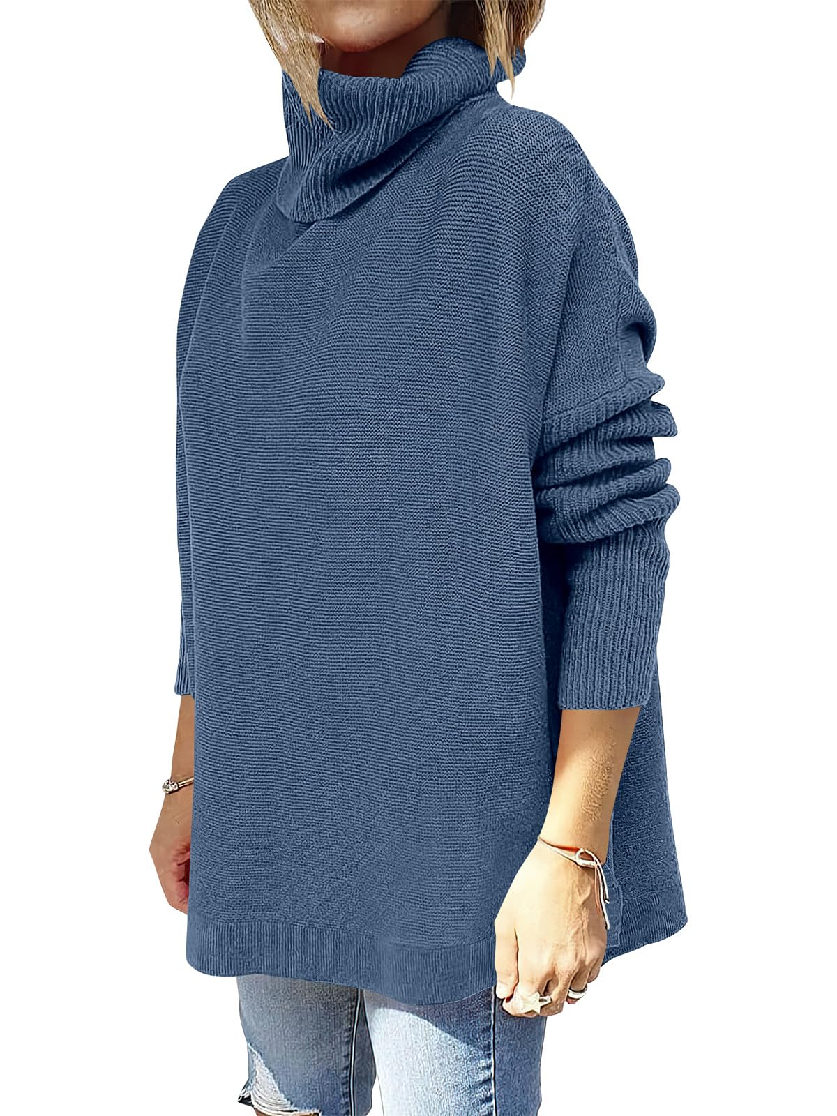 Caracilia Women's Turtleneck Oversized Sweaters 2024 Fall Long Batwing Sleeve Spilt Hem Tunic Pullover Sweater Knit Tops