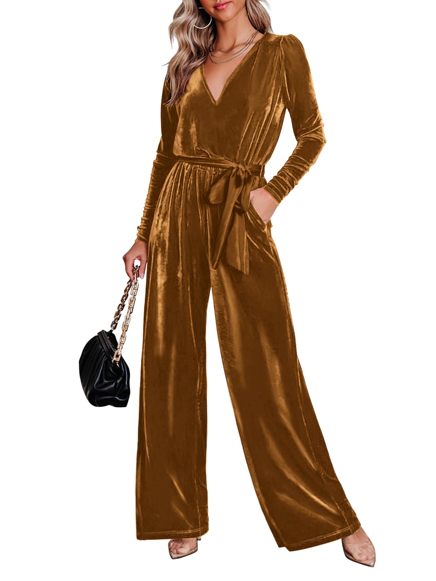 MASCOMODA 2024 Velvet Long Sleeve Wide Leg Jumpsuits for Women Dressy V Neck Belted Romper One Piece Fall Outfits with Pocket