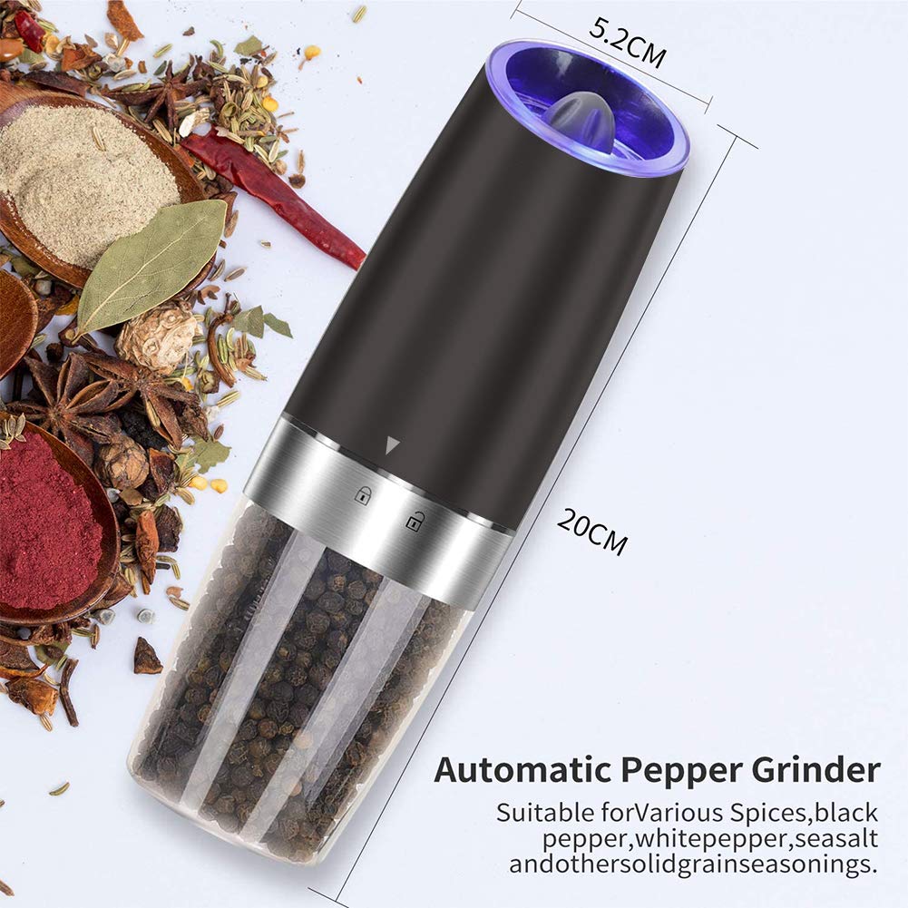 Electric Salt and Pepper Grinder set of 2, Automatic Salt and Pepper Mill Grinder, Adjustable Roughness, Battery Powered with Blue LED Light, Stainless Steel with One Hand Operation (Sliver)