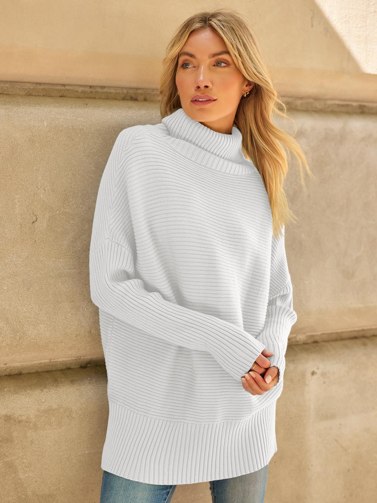 LILLUSORY Women's Oversized Turtleneck Sweaters 2024 Fall Batwing Sleeve Ribbed Tunic Sweater