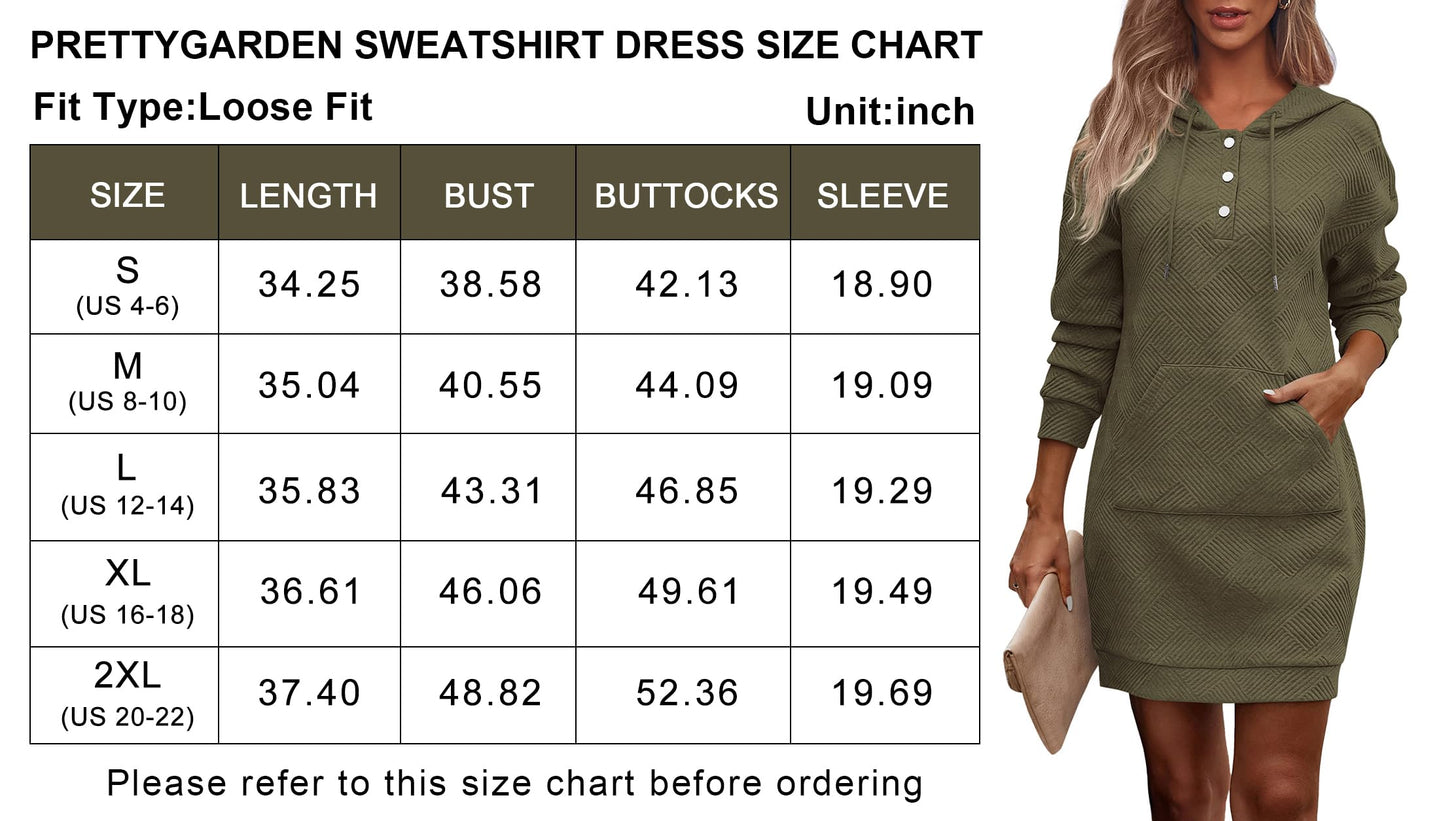 PRETTYGARDEN Long Sleeve Hoodies Dress 2024 Fall Trendy Texture Sweatshirts Outfits Button Hooded Dresses With Pockets