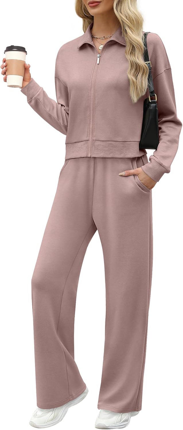 XIEERDUO Lounge Sets for Women 2024 Sweatsuit 2 Piece Outfits Sweatshirt Wide Leg Sweatpant Tracksuit Matching Set