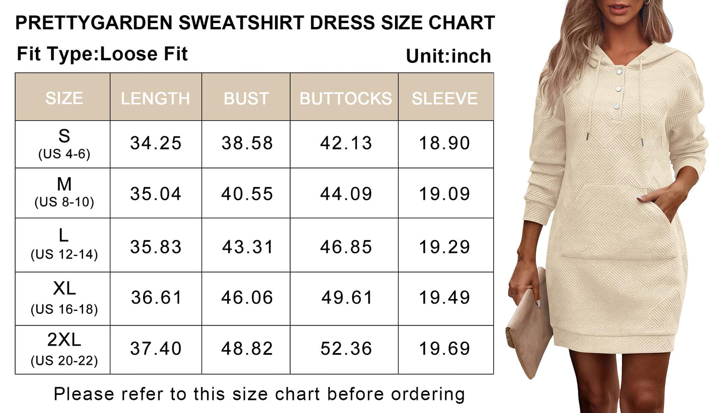 PRETTYGARDEN Long Sleeve Hoodies Dress 2024 Fall Trendy Texture Sweatshirts Outfits Button Hooded Dresses With Pockets