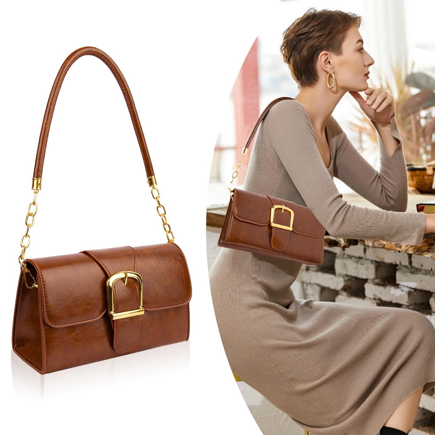 Shoulder Bag for Women, Cute PU Leather Small Purse Handbags, Retro Classic Tote Purses for Women with Removable Strap