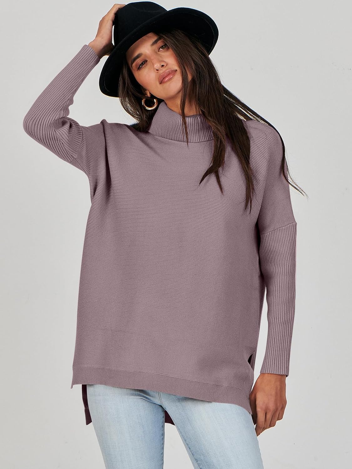 Caracilia Women's Turtleneck Oversized Sweaters 2024 Fall Long Batwing Sleeve Spilt Hem Tunic Pullover Sweater Knit Tops