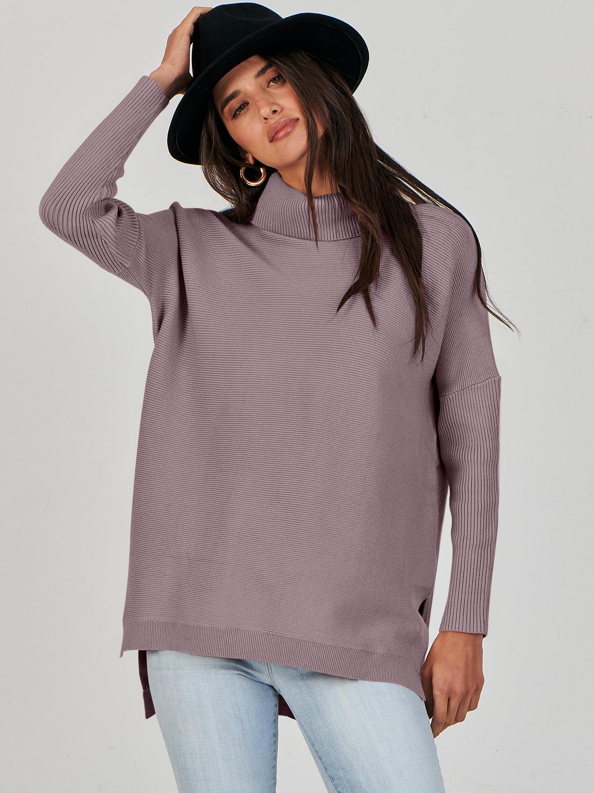 Caracilia Women's Turtleneck Oversized Sweaters 2024 Fall Long Batwing Sleeve Spilt Hem Tunic Pullover Sweater Knit Tops